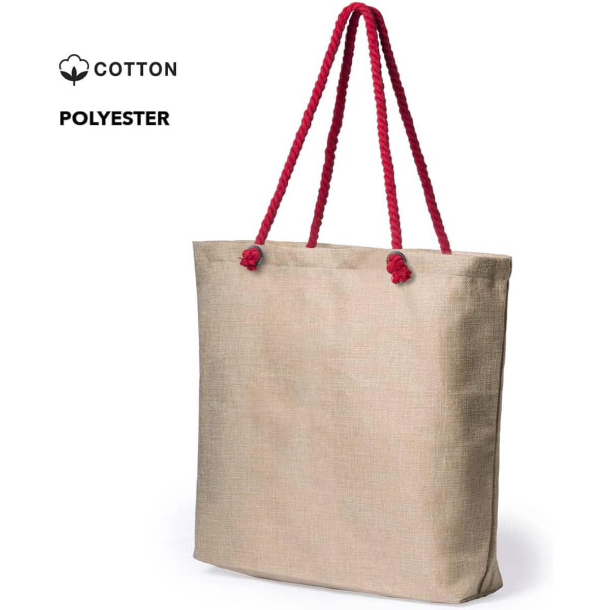 A natural beige tote bag with red braided handles, made from cotton and polyester, featuring a logo.