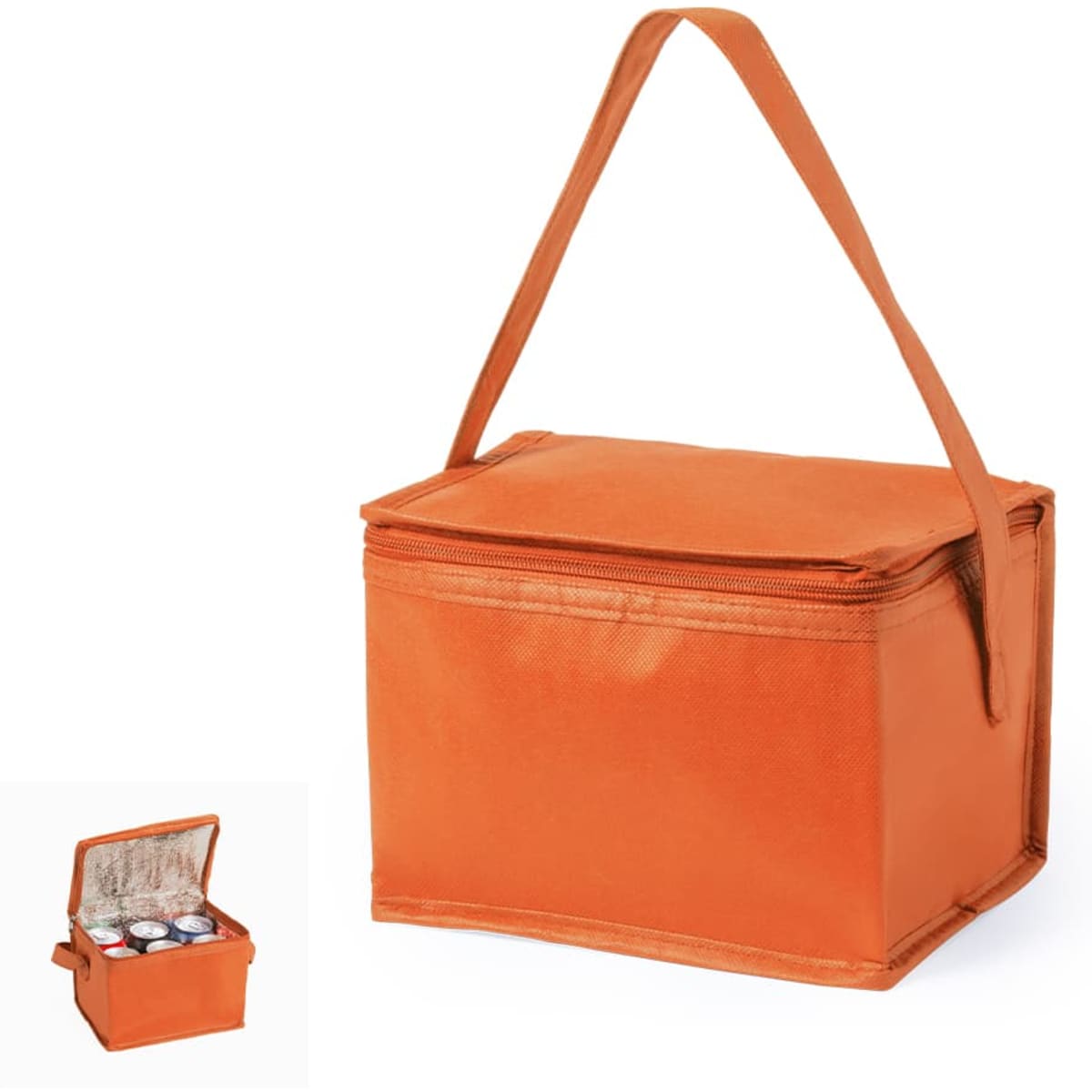 An orange cooler bag with a handle, featuring a zippered closure and a spacious interior.