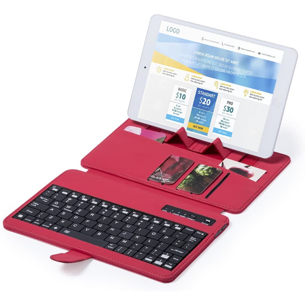 A red keyboard holder with a black keyboard and space for a tablet, featuring card slots and a logo.