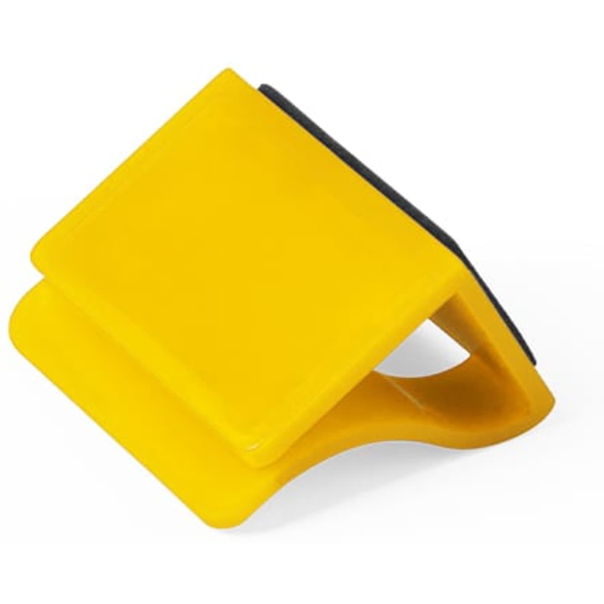A yellow multi-purpose phone stand with a black base. Features a smooth, curved design for stability.