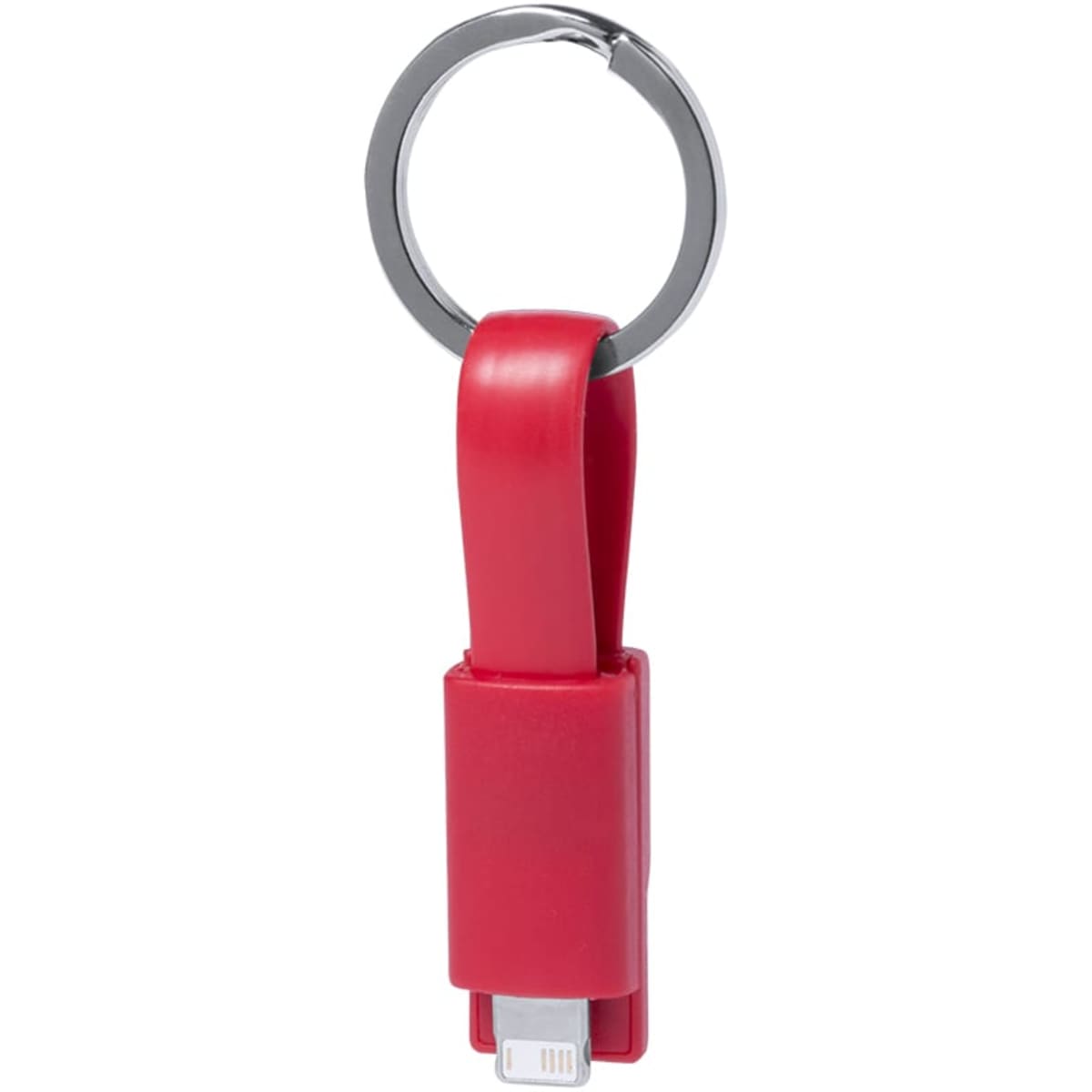 A red charging cable with a keychain attachment, featuring a connector for mobile devices.