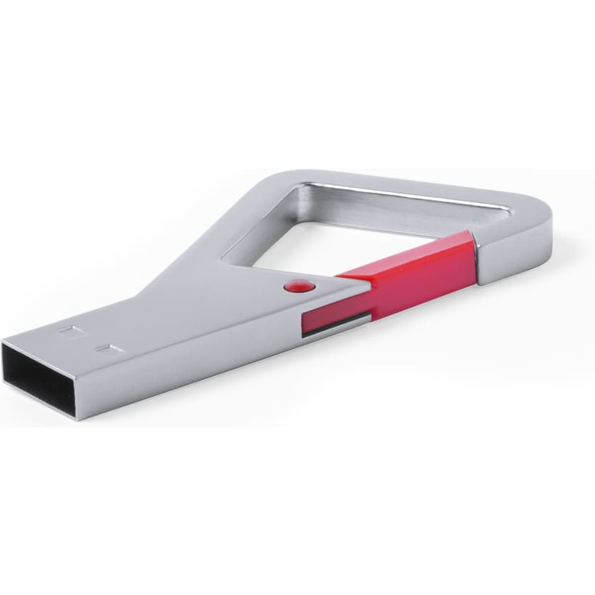 A silver and red Drelan 8GB USB drive featuring a unique, modern design with a built-in handle.