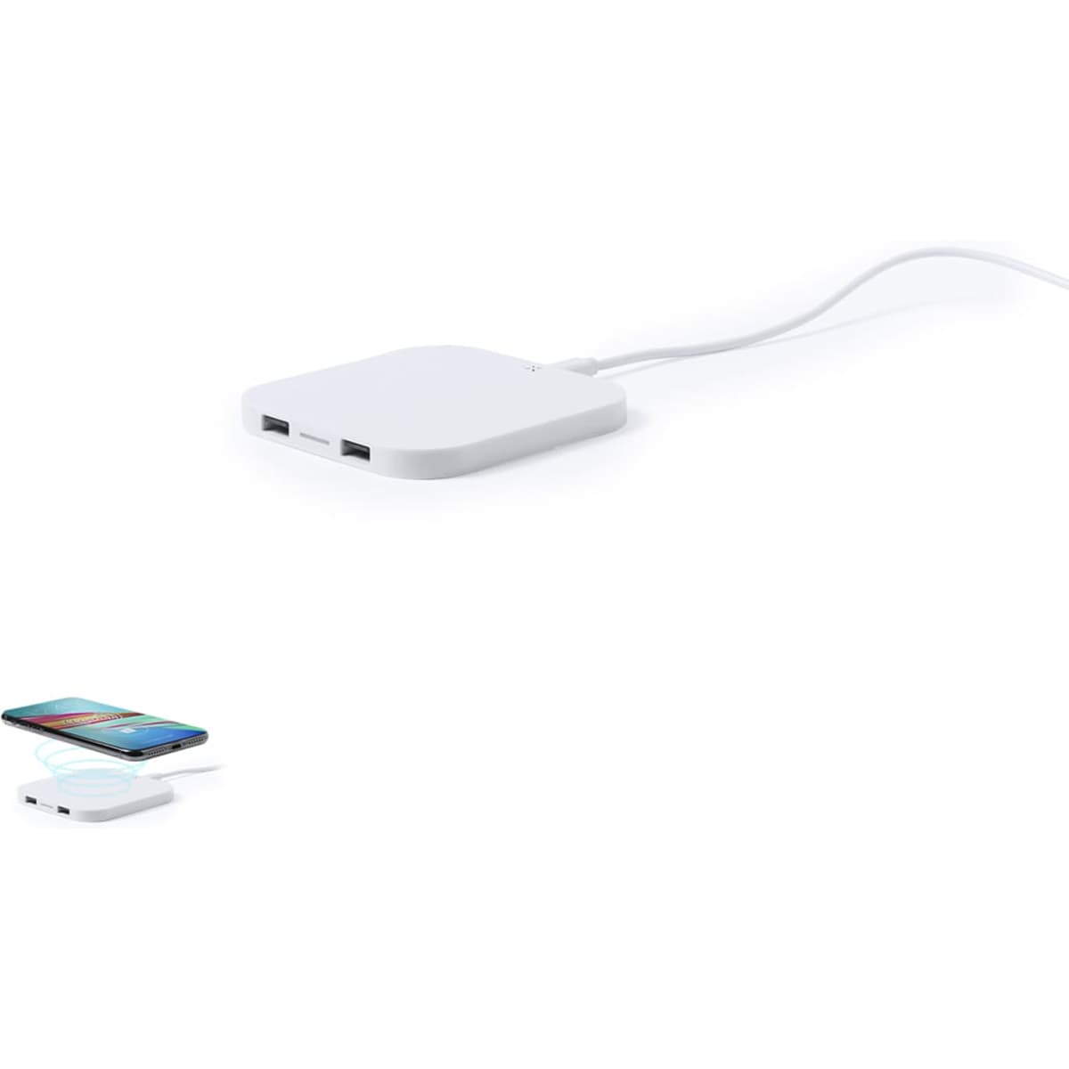 A wireless charger in white with two USB ports, featuring a connected power cable.