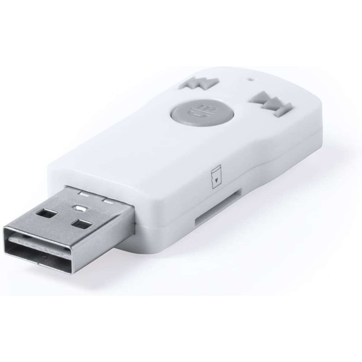 A white Bluetooth receiver with a USB connector and control buttons, featuring a logo on the side.