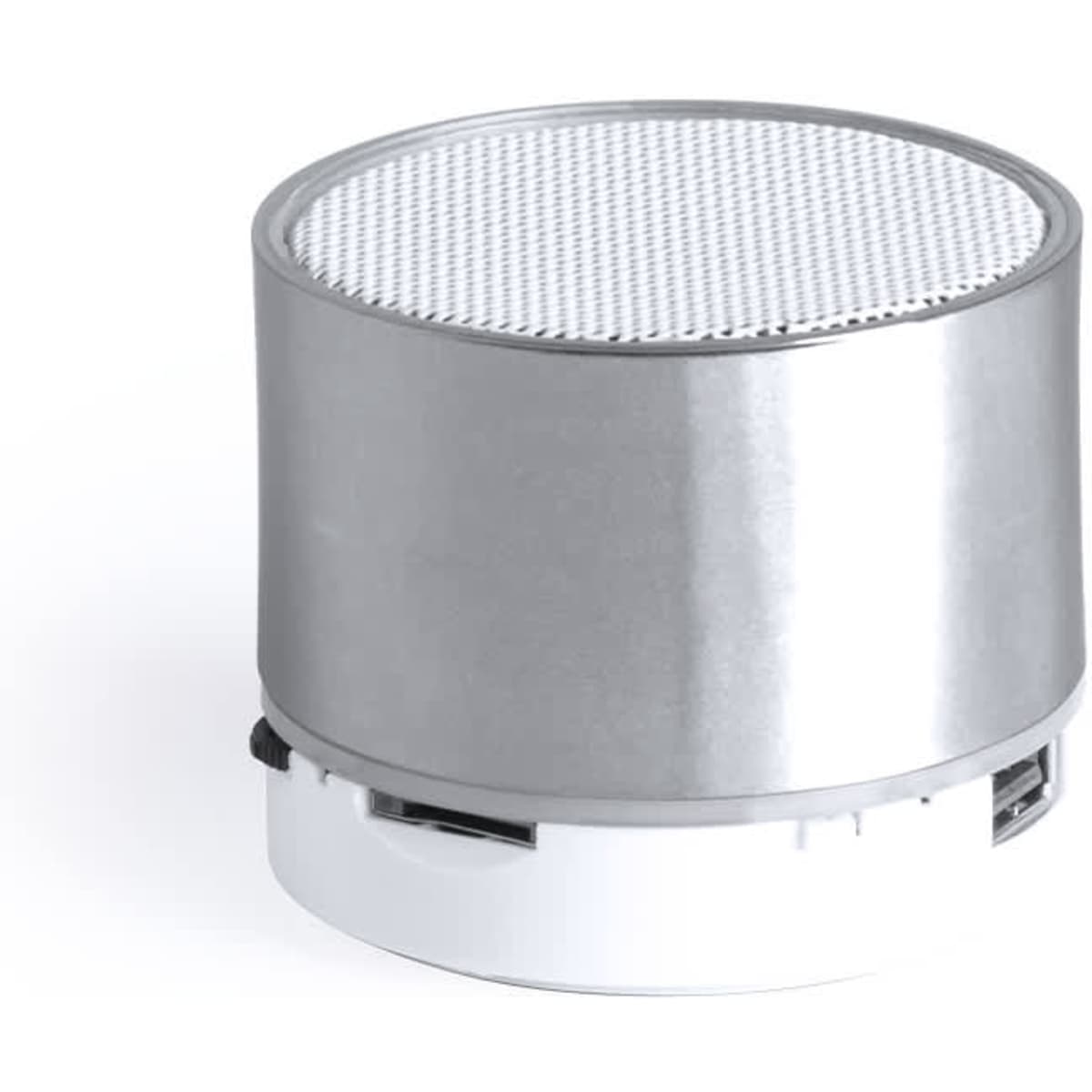 A cylindrical Bluetooth speaker in silver and white, featuring a textured speaker grille on top and a logo.