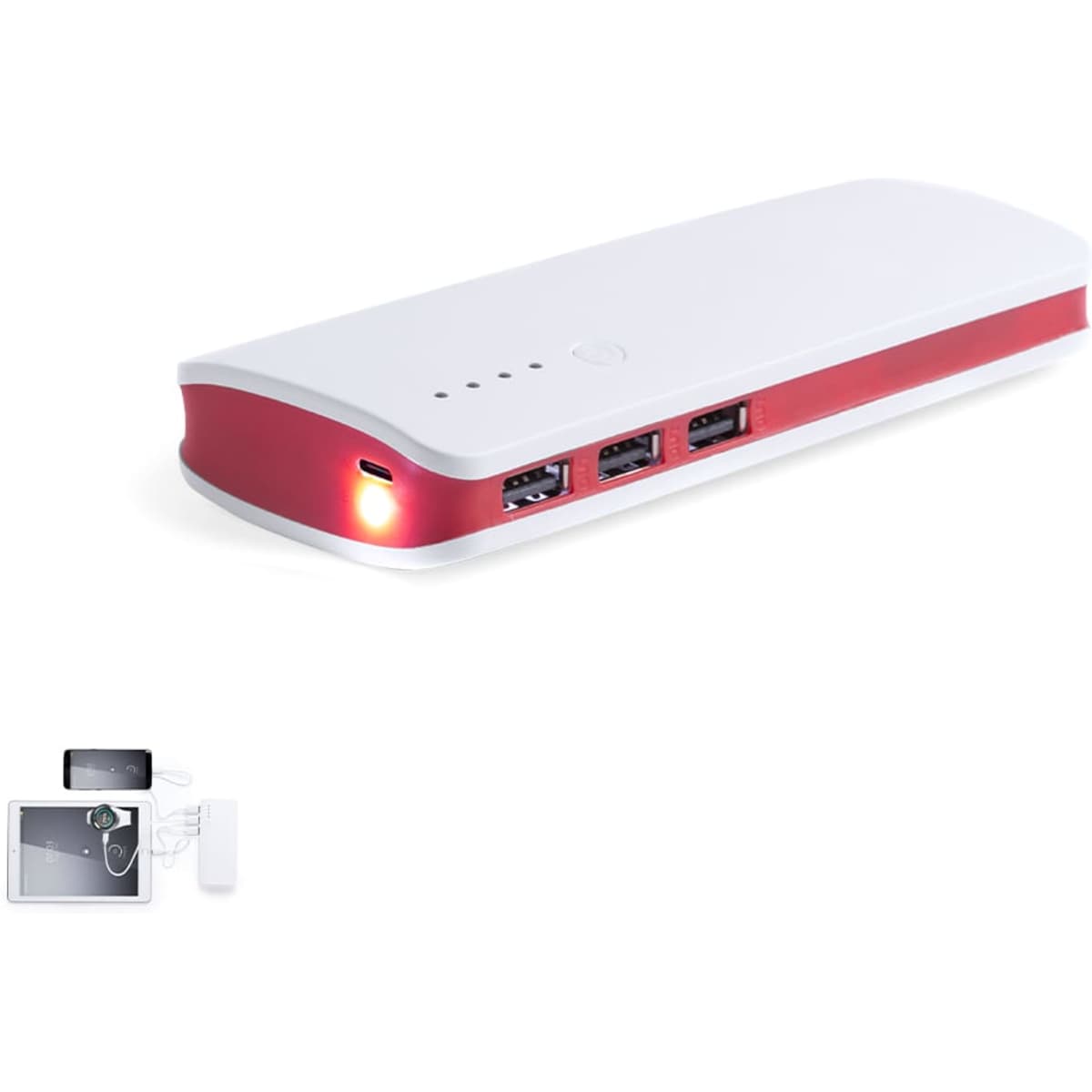 A red and white power bank with multiple USB ports and a small indicator light. Features branding on the side.