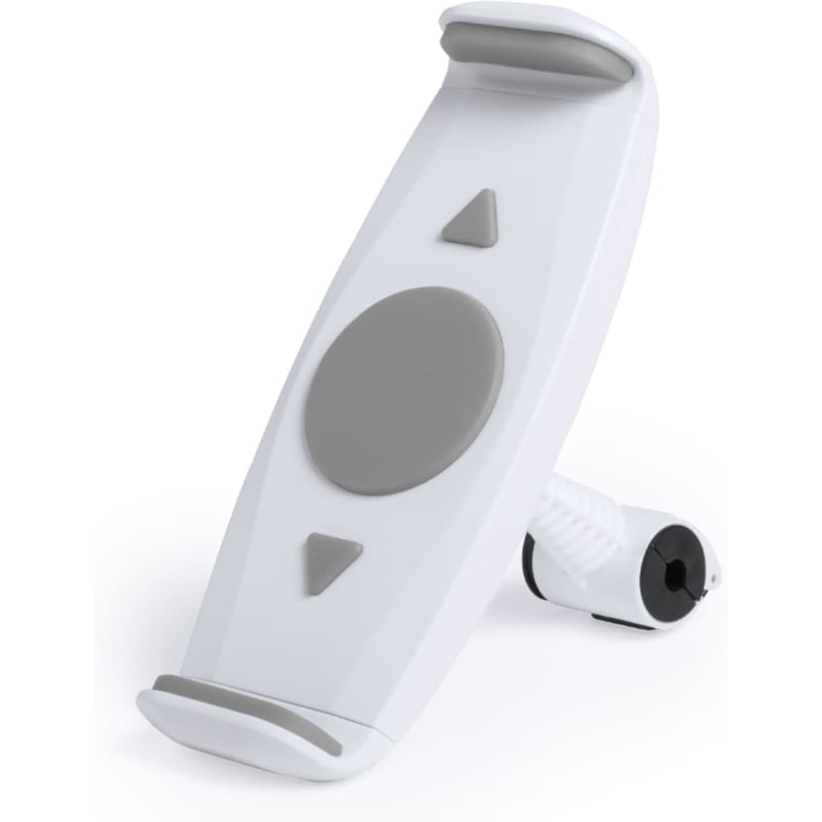 A car phone holder in white with grey accents, featuring adjustable support and a mounting mechanism.