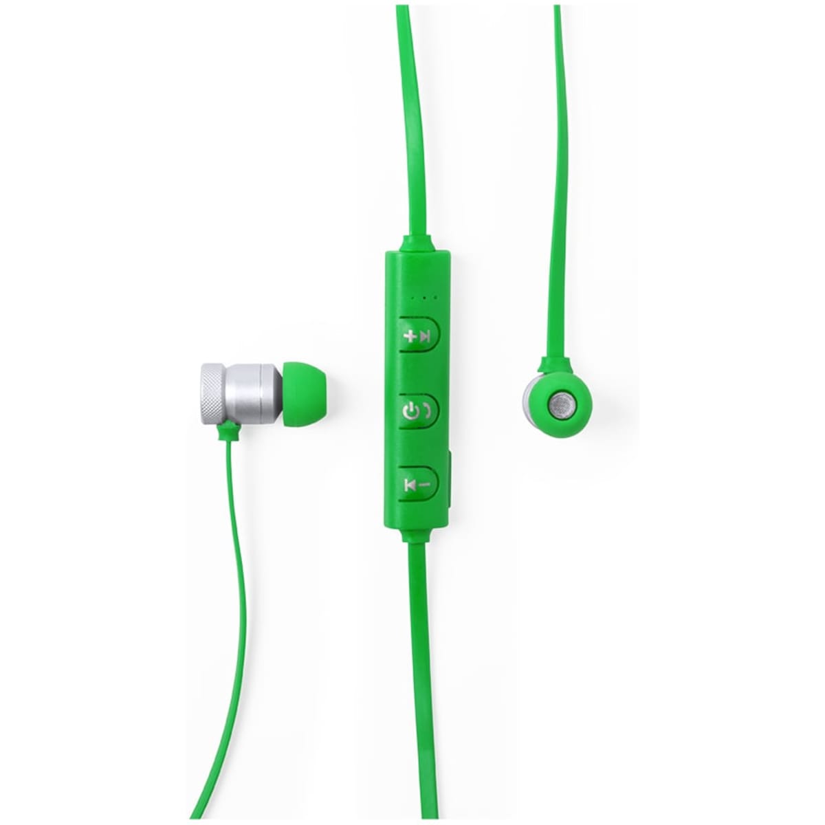 A pair of green earbuds with a control button on the cord. The design features silver accents.
