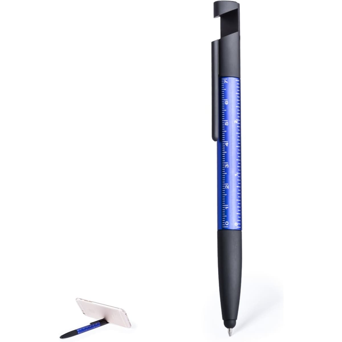 A blue and black pen featuring a ruler and a clip. It also has a logo on the barrel.