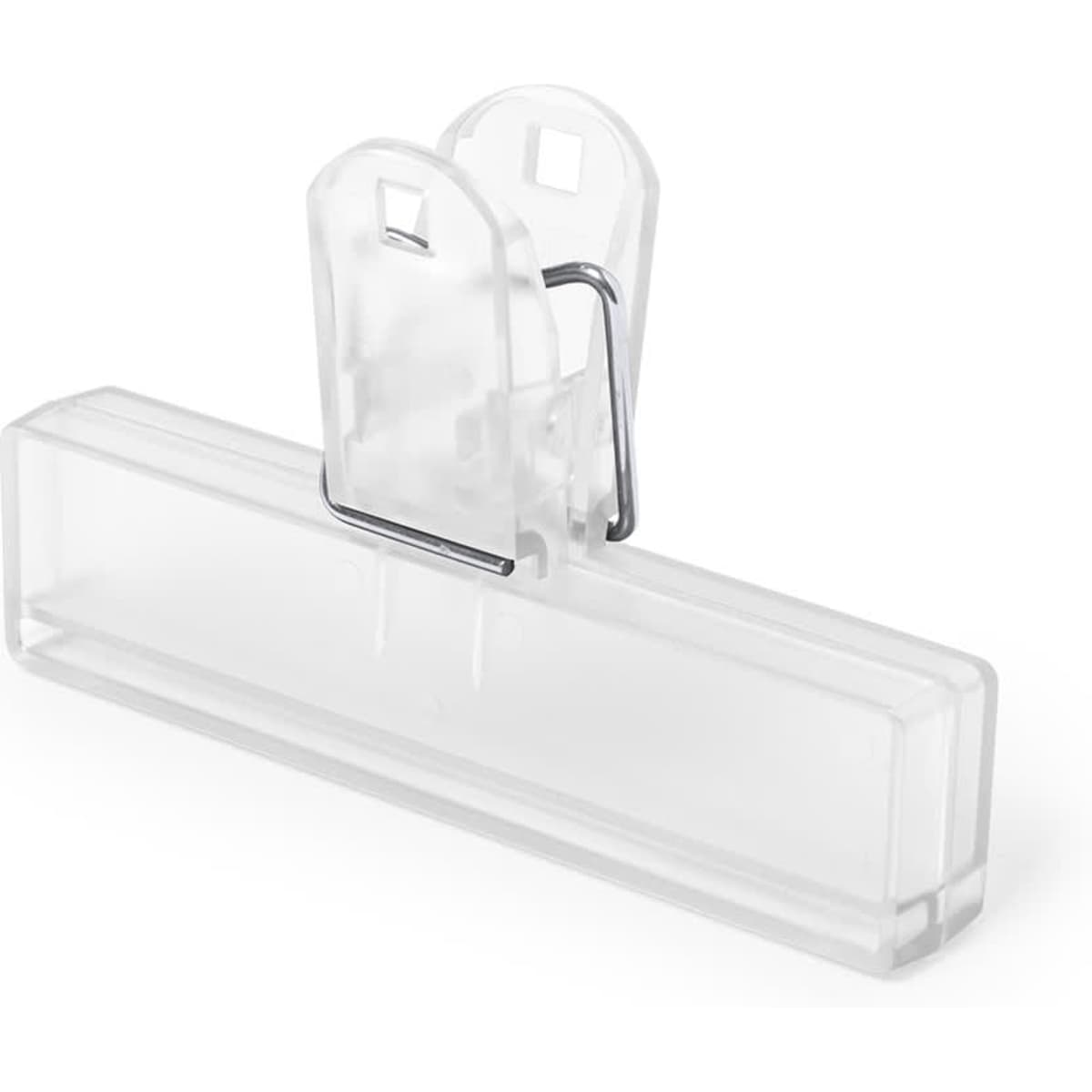 A transparent clip with a silver metal spring. The clip is rectangular with a strong grip.