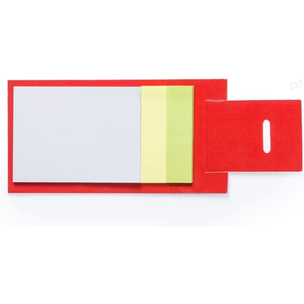 A red notepad set featuring grey, yellow, and green sticky notes, designed for office and business use.