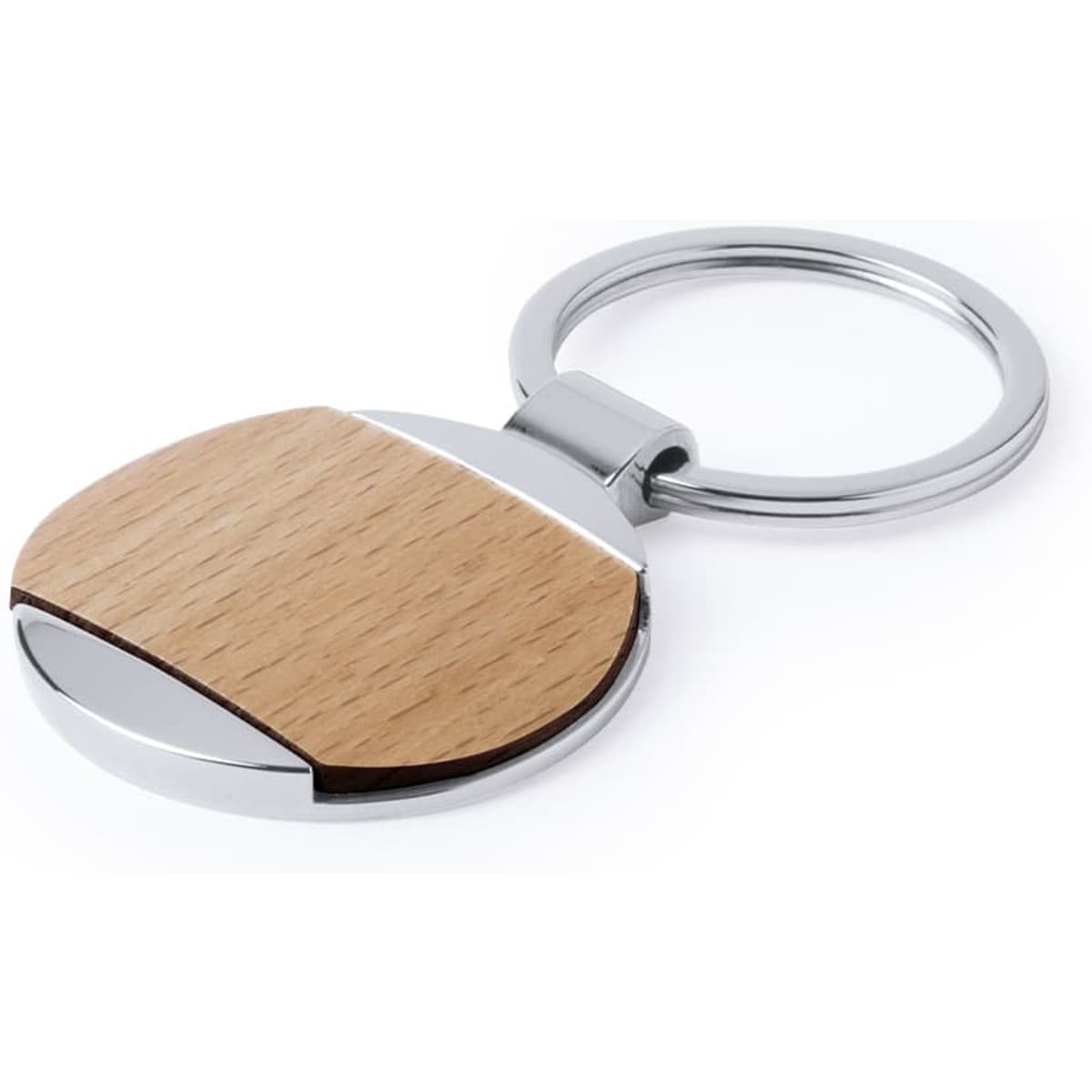 A circular keyring with a wooden top and a shiny metal base. It features a branding logo.