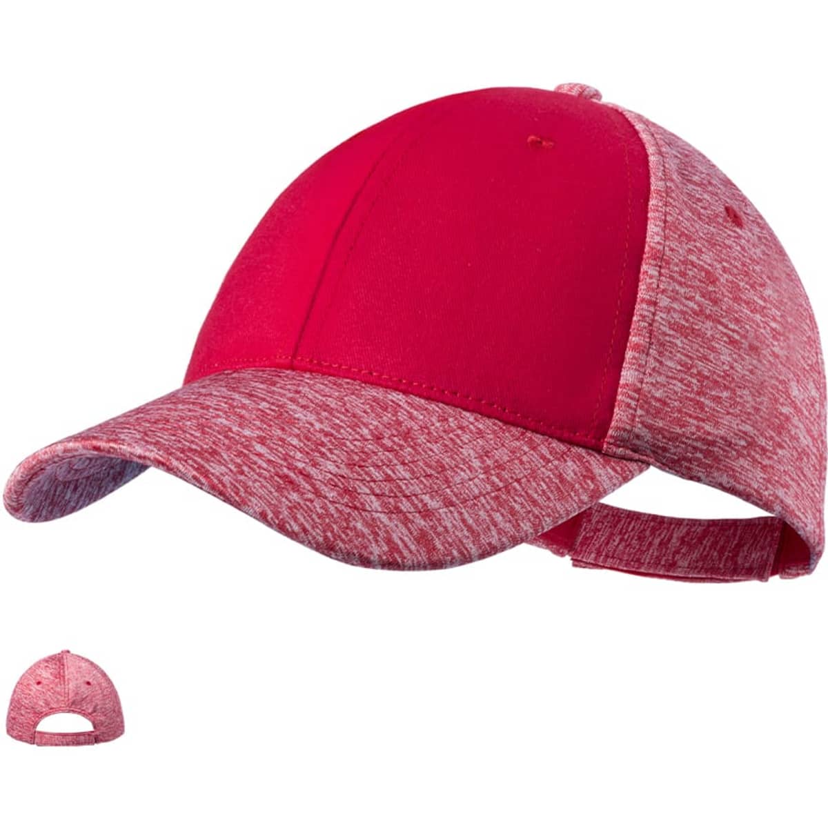 A red cap with a textured pattern and a strap at the back, featuring a logo.