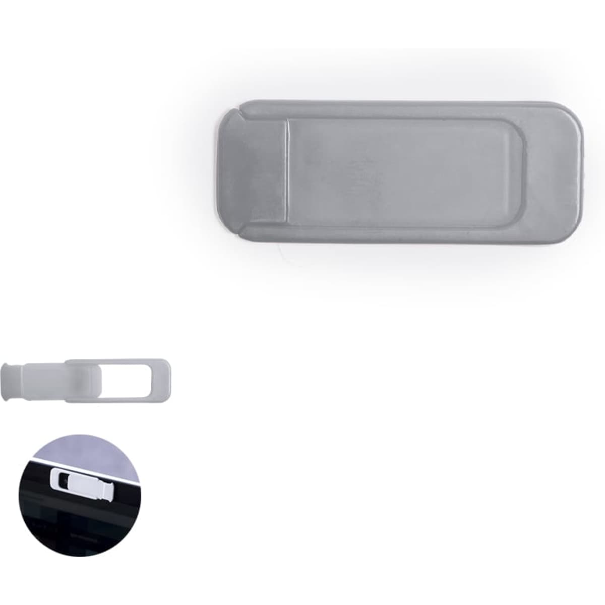 A grey phone accessory with a sleek design, featuring a logo and a cut-out for attachment.