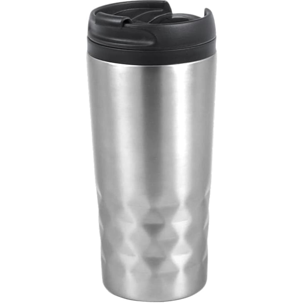 A stainless steel insulated travel mug with a black lid and textured design. Features a logo on the front.