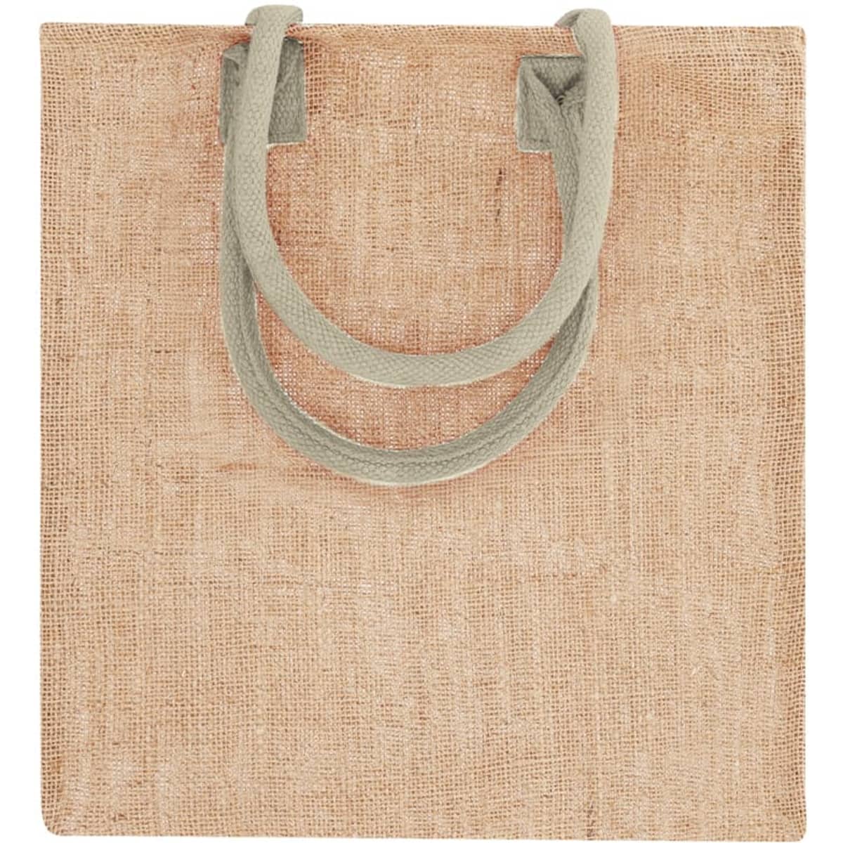 A tote bag in a soft peach colour with grey handles and a simple design, featuring a logo.