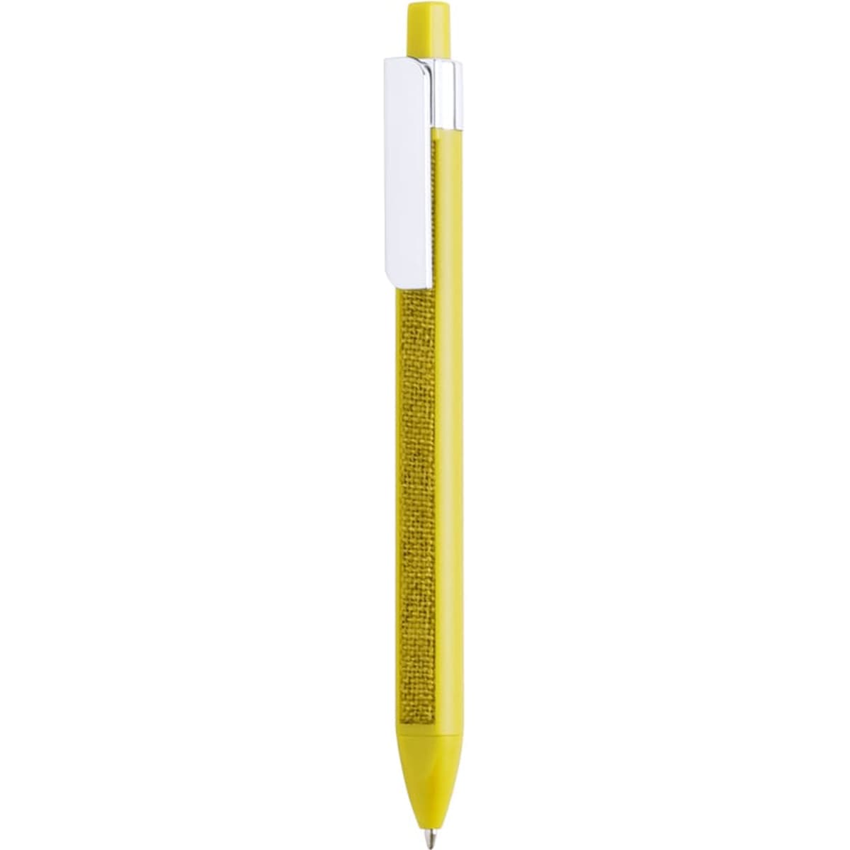 A yellow plastic pen with a shiny clip and a textured barrel, featuring a logo.