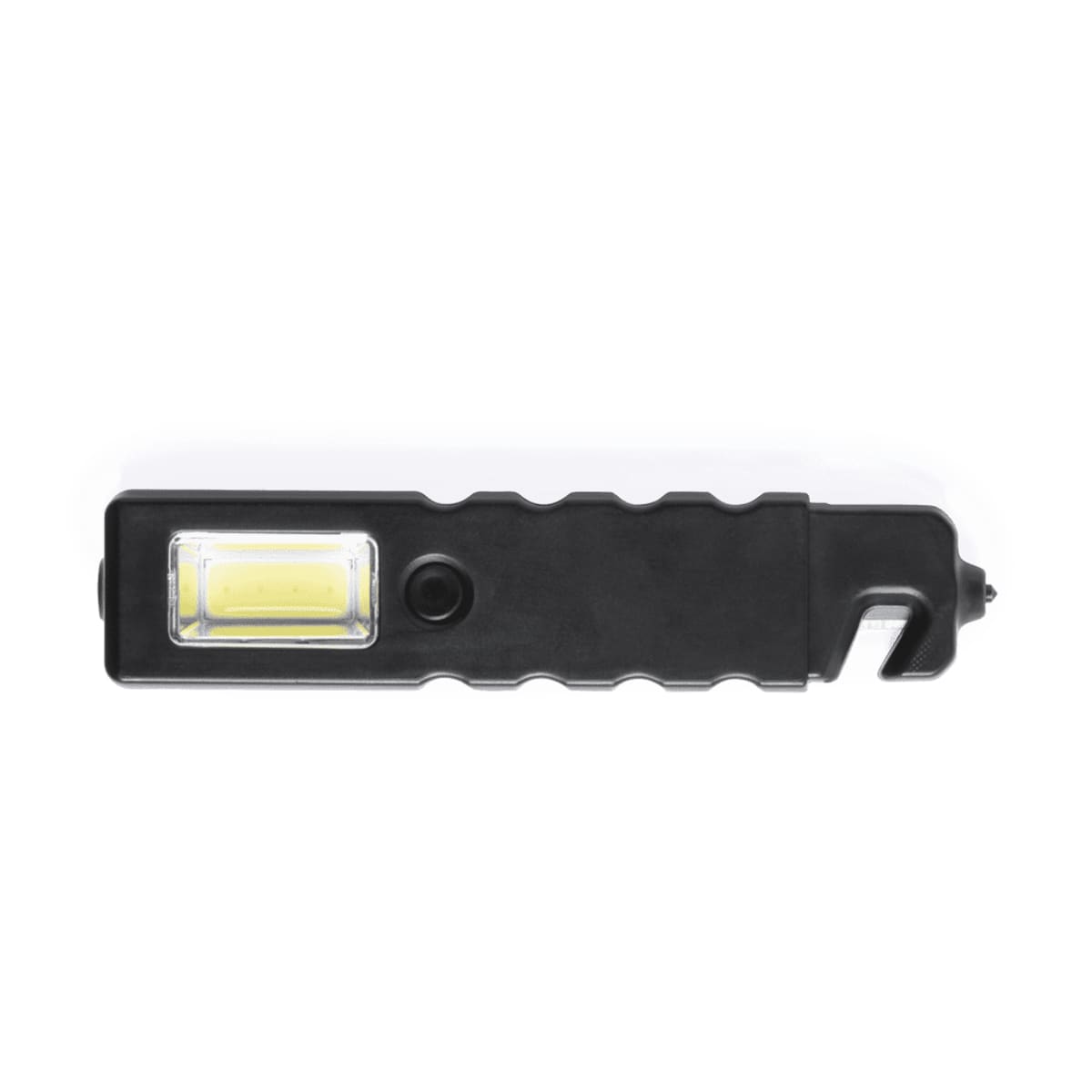 A black emergency hammer featuring a light and a hook. It has a sturdy grip and includes a branding logo.