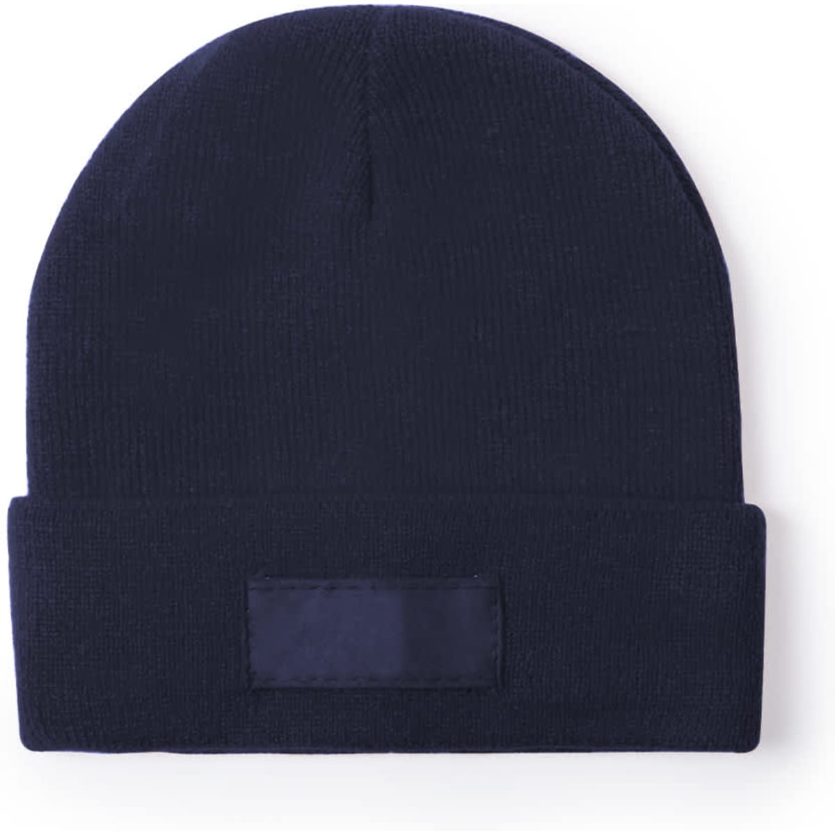 A navy beanie featuring a fold-up cuff and a blank patch area. The fabric appears soft and knitted.