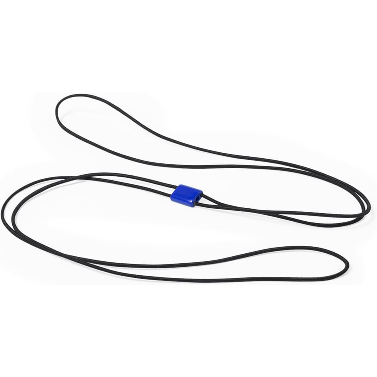 A black sports gear cord with a blue adjuster, designed for leisure and outdoor activities.