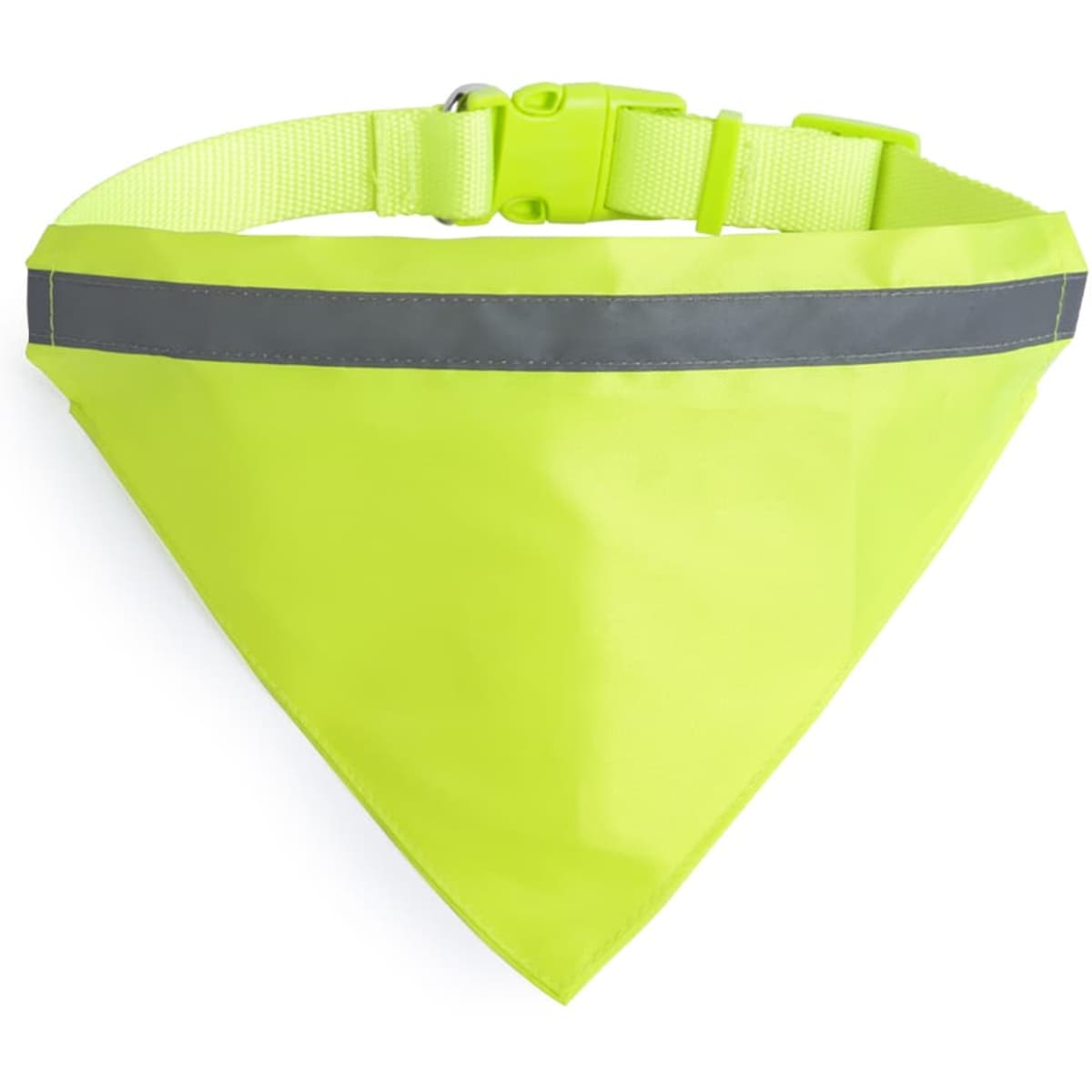 A bright yellow pet collar bandana with a reflective stripe, featuring an adjustable buckle.