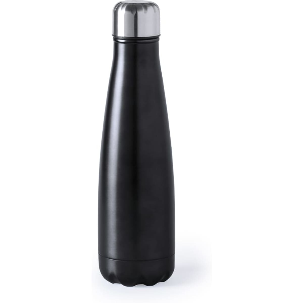 A drink bottle in sleek black with a shiny silver cap, featuring a logo on its surface.