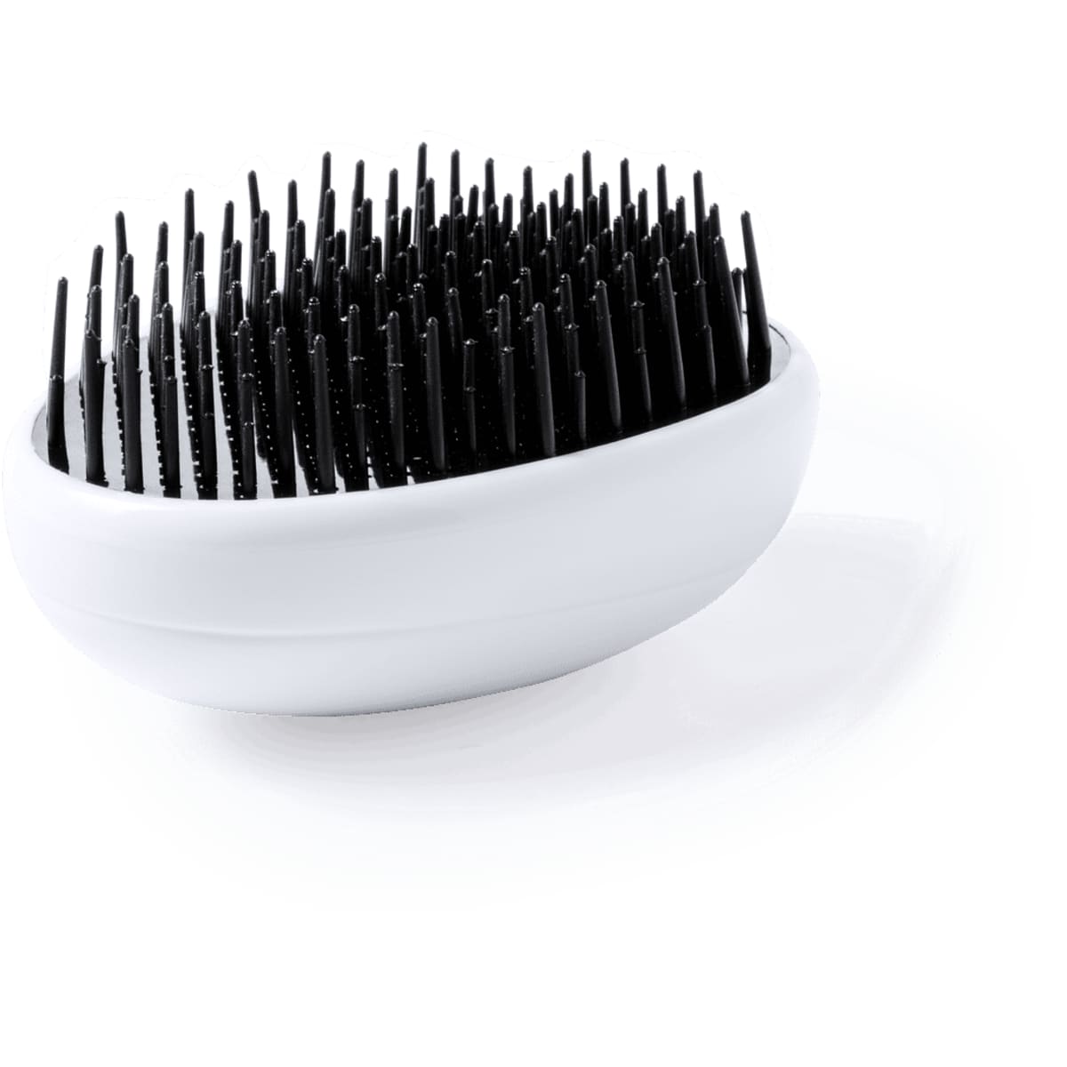 A hairbrush with a white base and black bristles, featuring an ergonomic design. It has a simple logo on the side.