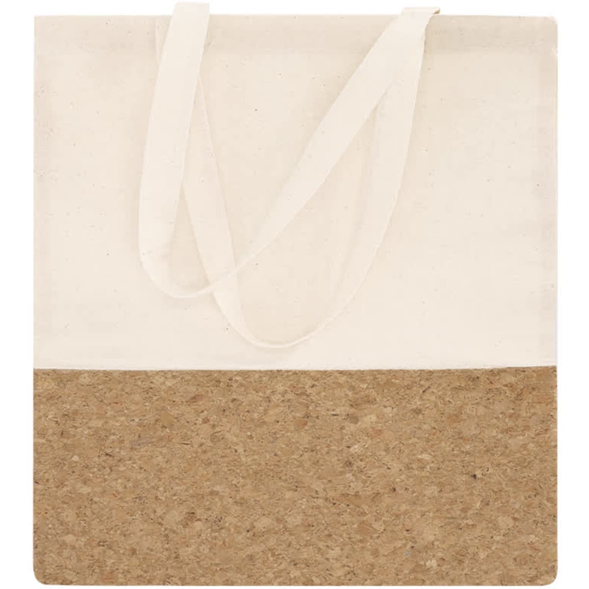 A tote bag in cream with a natural cork bottom, featuring sturdy fabric straps and a simple design.