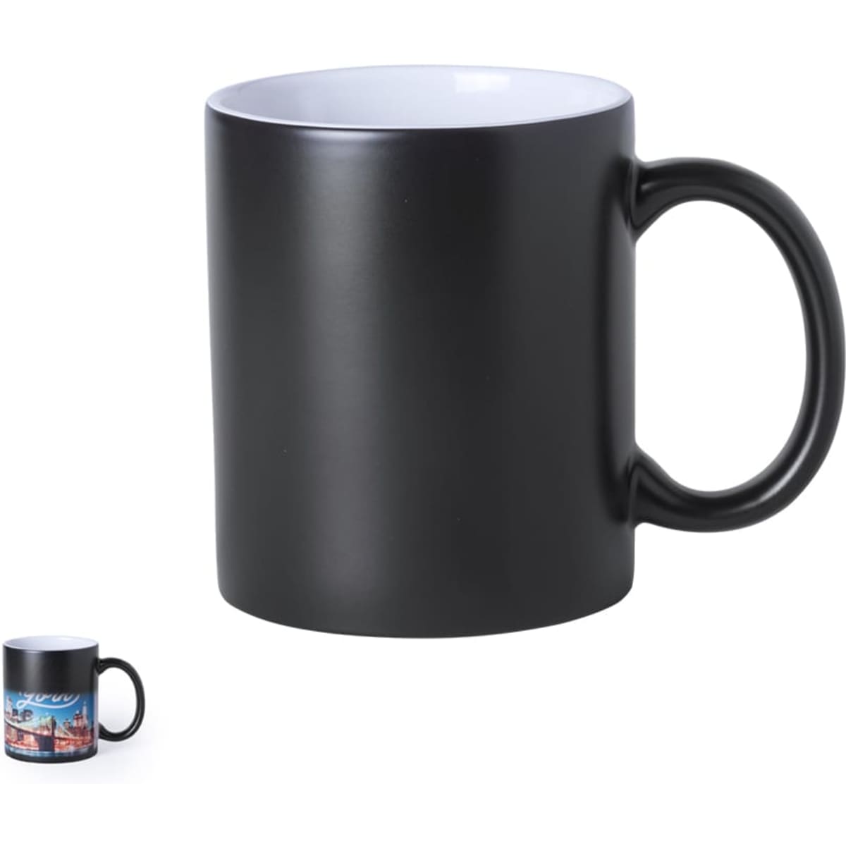 A coffee mug with a matte black exterior and a contrasting white interior; features a branding logo.
