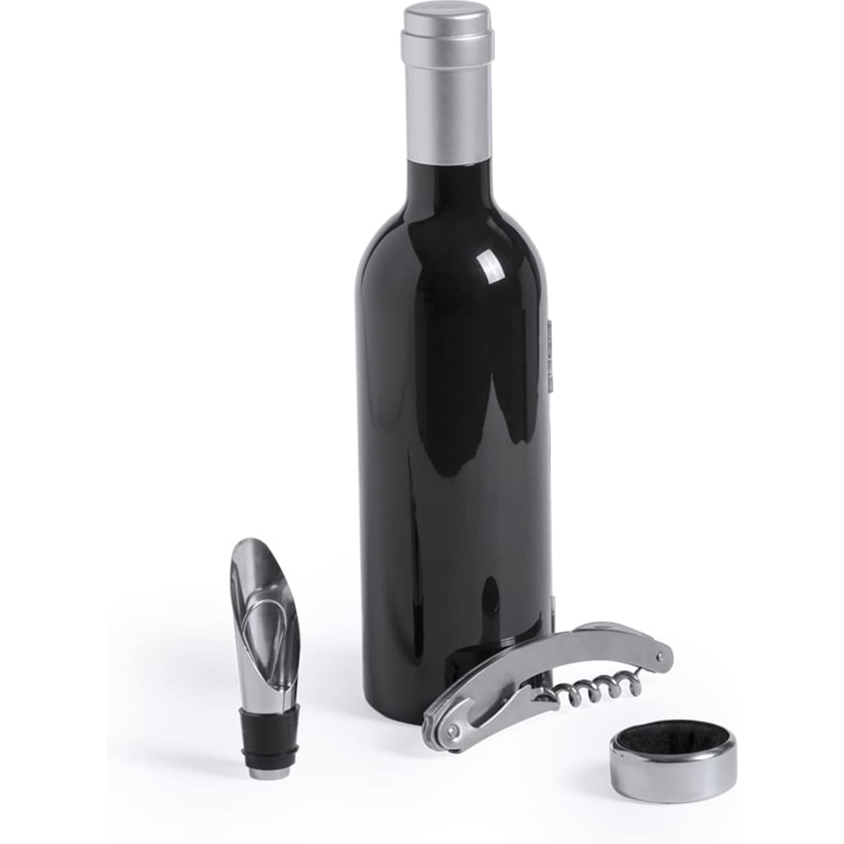A black wine bottle accompanied by a corkscrew, a pourer, and a bottle stopper, all with metallic accents.