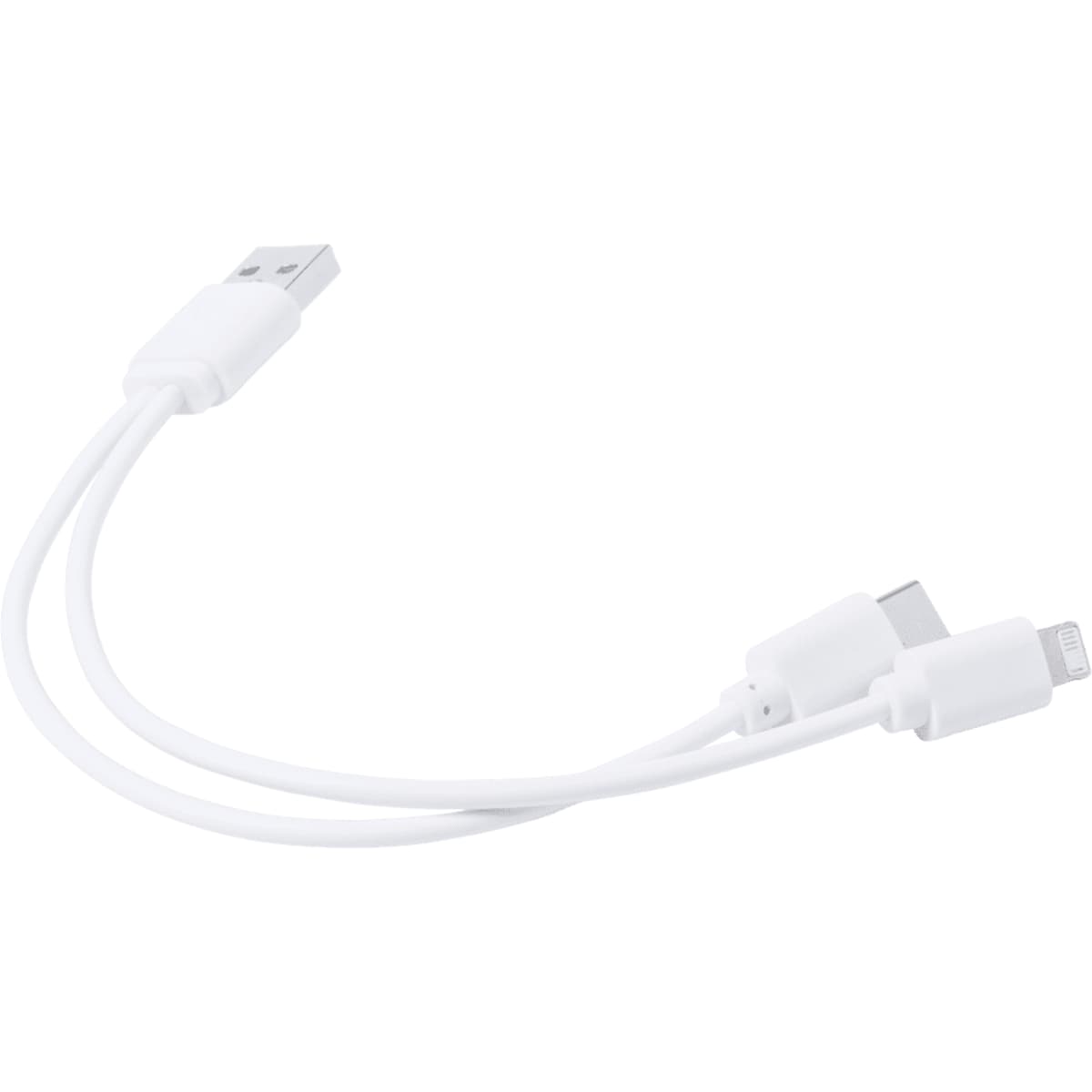 A charging cable in white featuring a USB connector and two additional connectors. The cable has a sleek design.