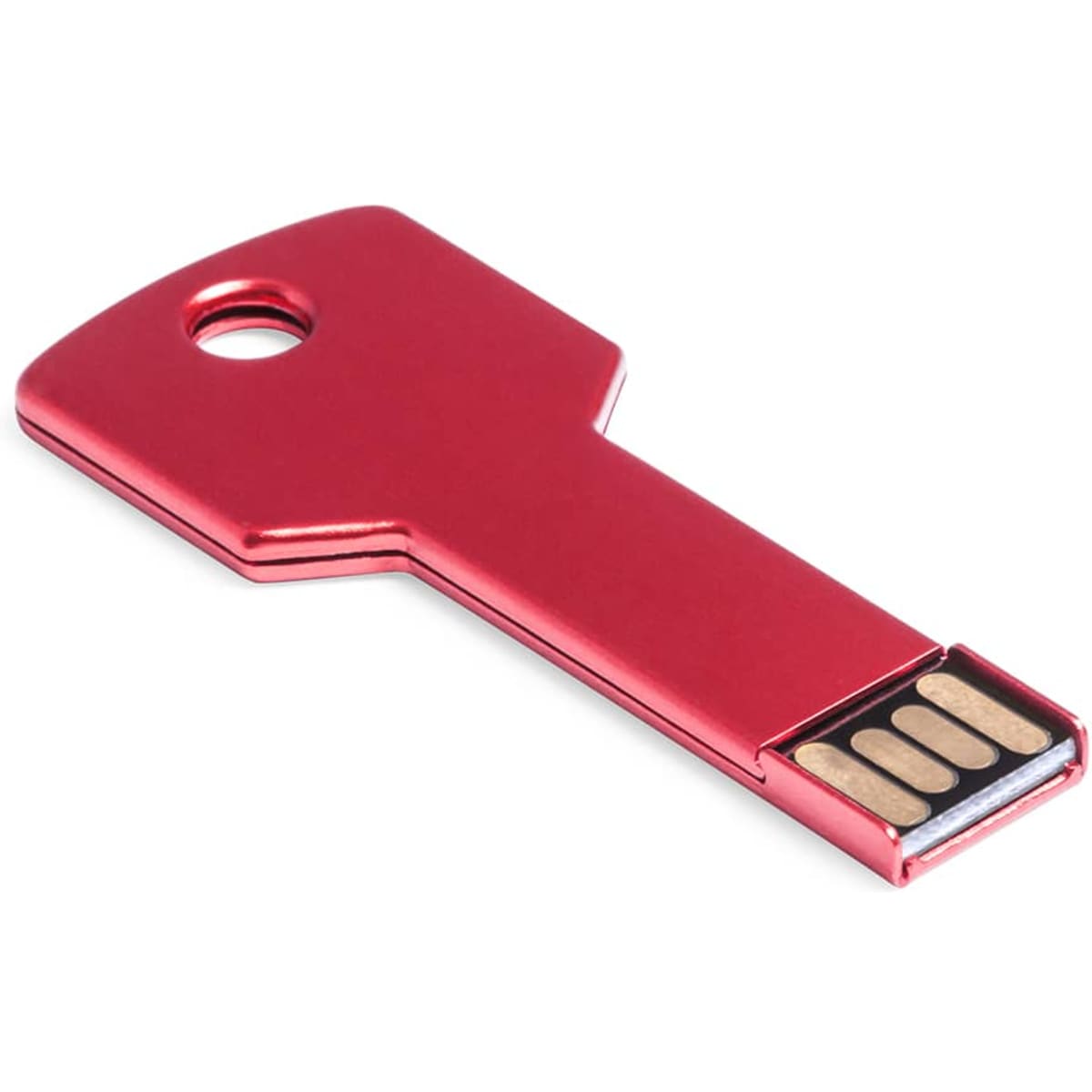 A red USB drive shaped like a key, featuring a metal finish and a small hole for attachment.