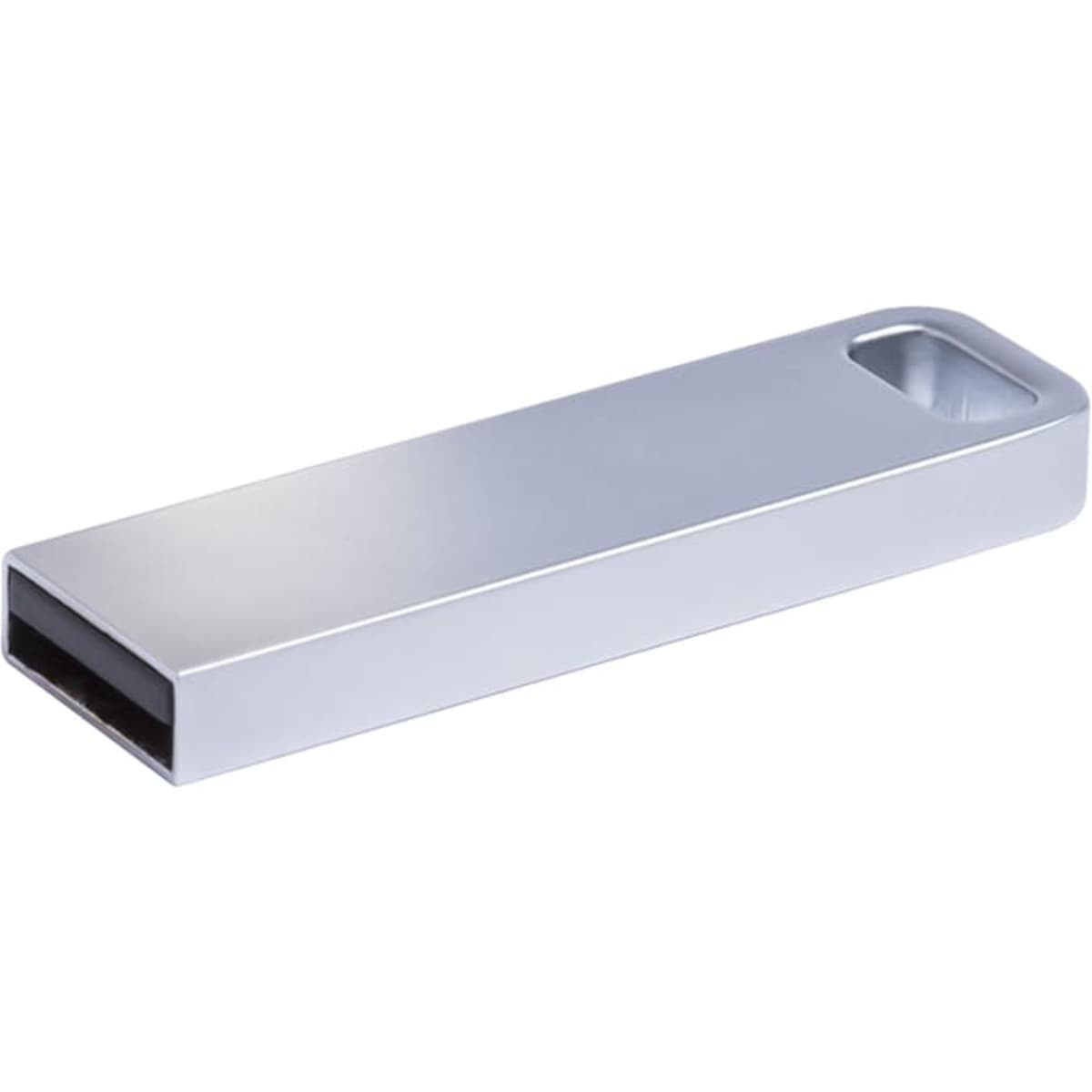 A silver USB drive with a sleek, rectangular design and a cut-out for easy handling.