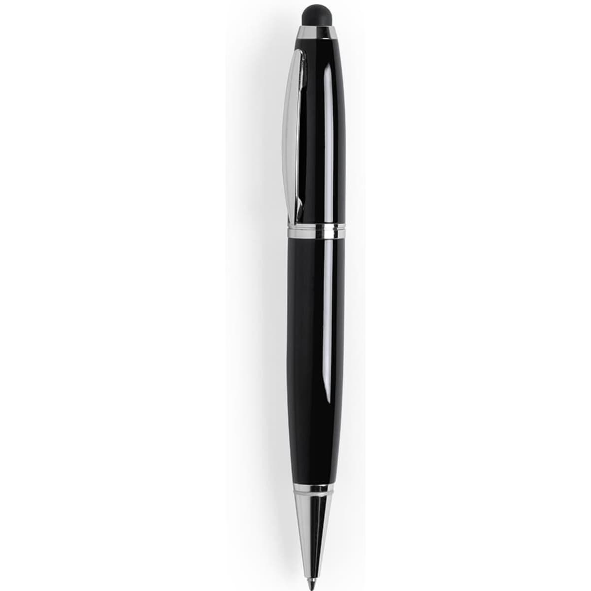 A black stylus pen with a silver accent and a rubber tip for touchscreen use. It features branding on the barrel.
