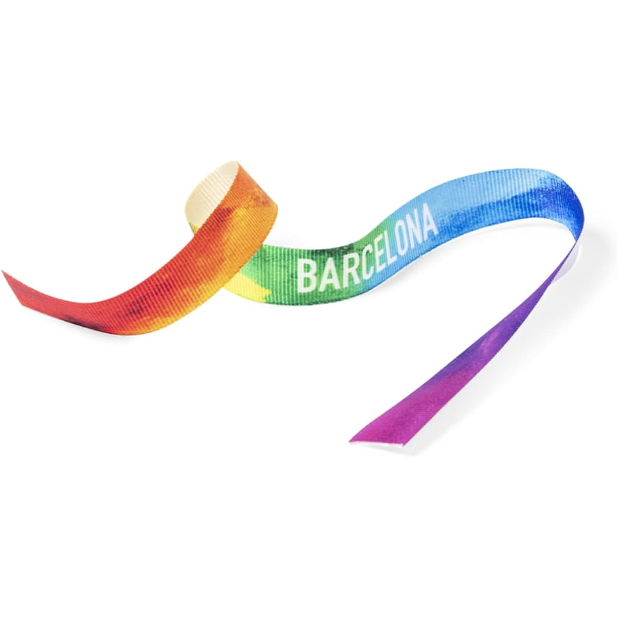 A multicoloured ribbon with the word "BARCELONA" printed on it. It features gradient hues of red, orange, blue, and purple.