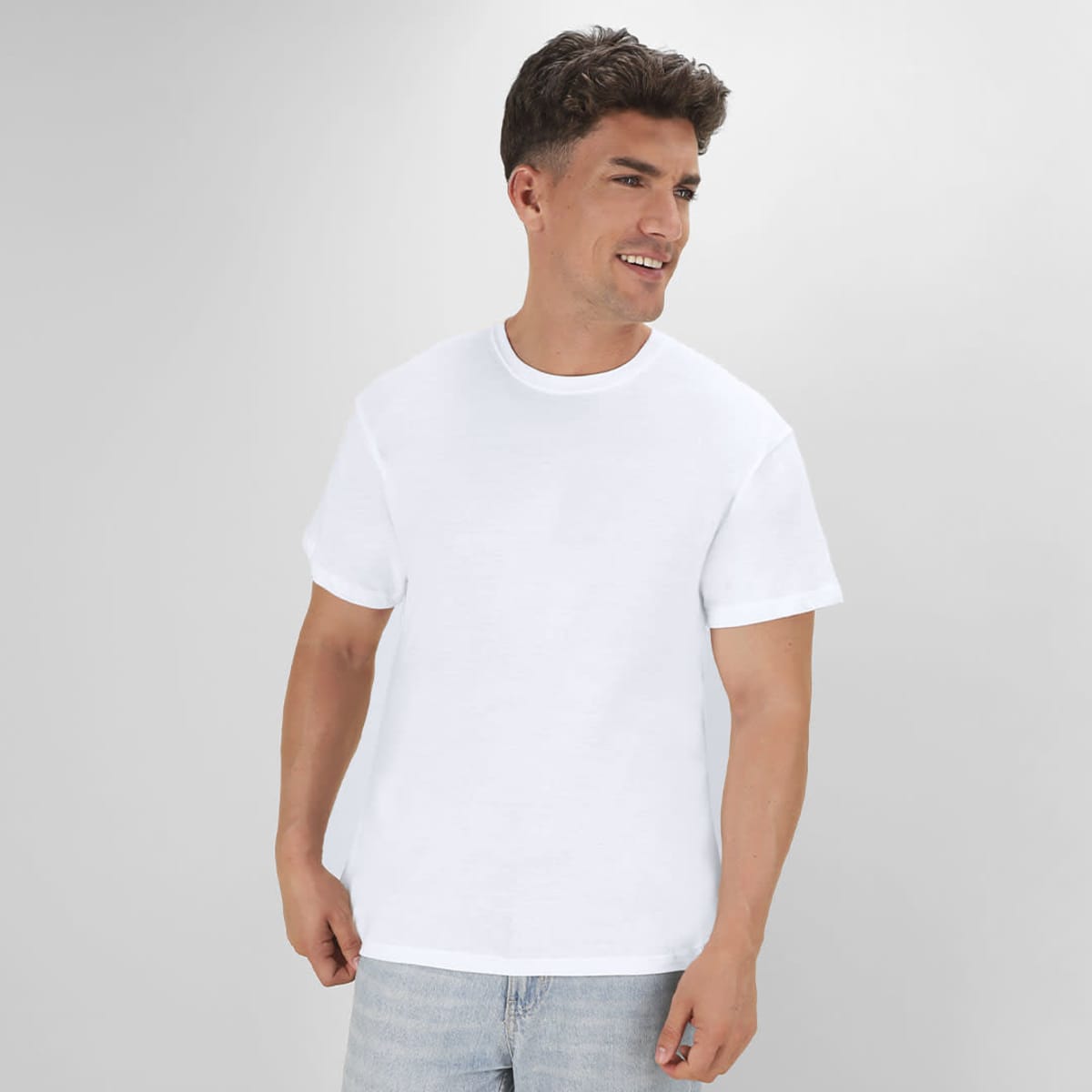 A white T-shirt with short sleeves, featuring a relaxed fit and a logo on the front.