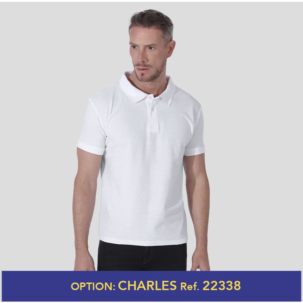 A white polo shirt with a collar and short sleeves, featuring a logo on the chest.