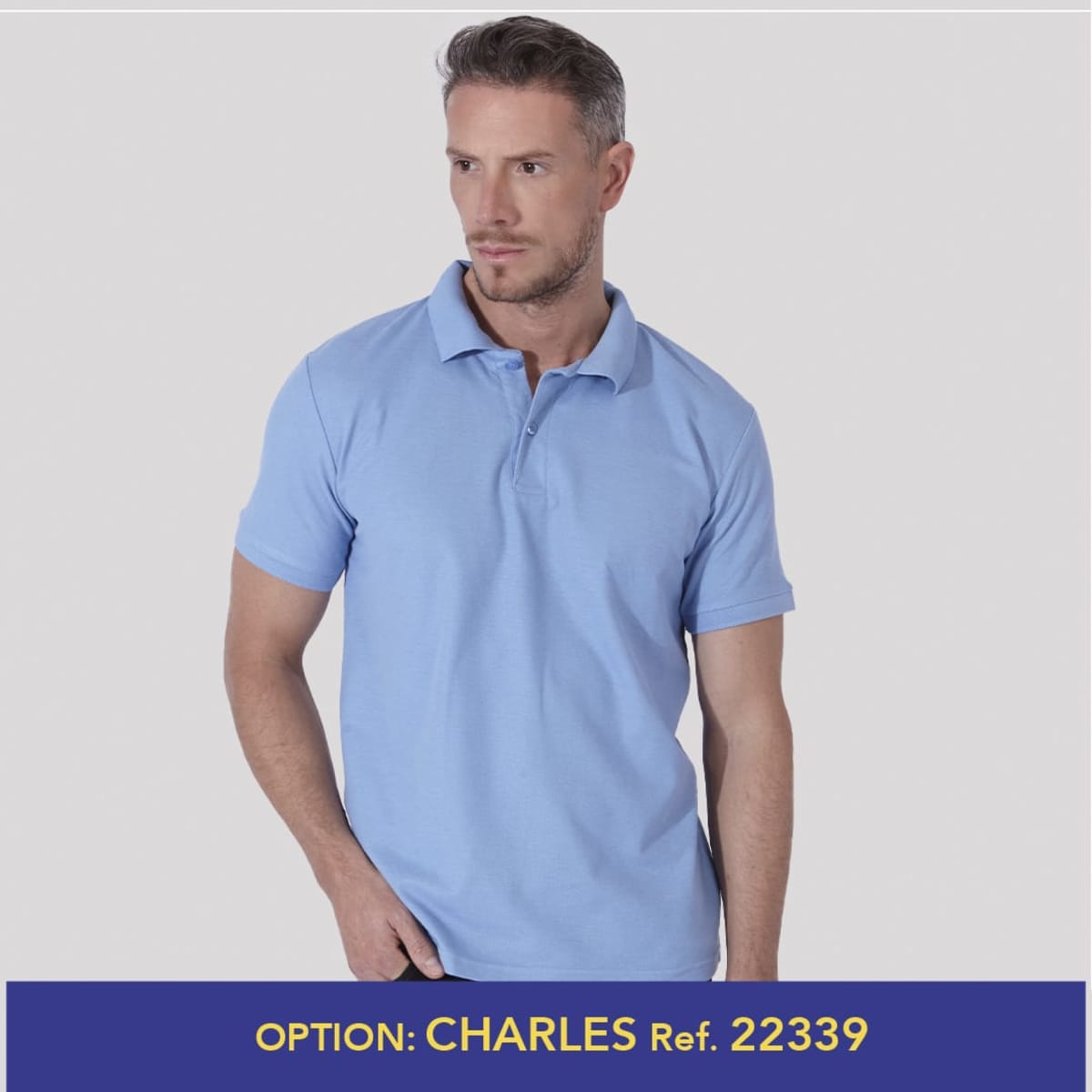 A light blue polo shirt on a model, featuring a collar and short sleeves, with a logo present.