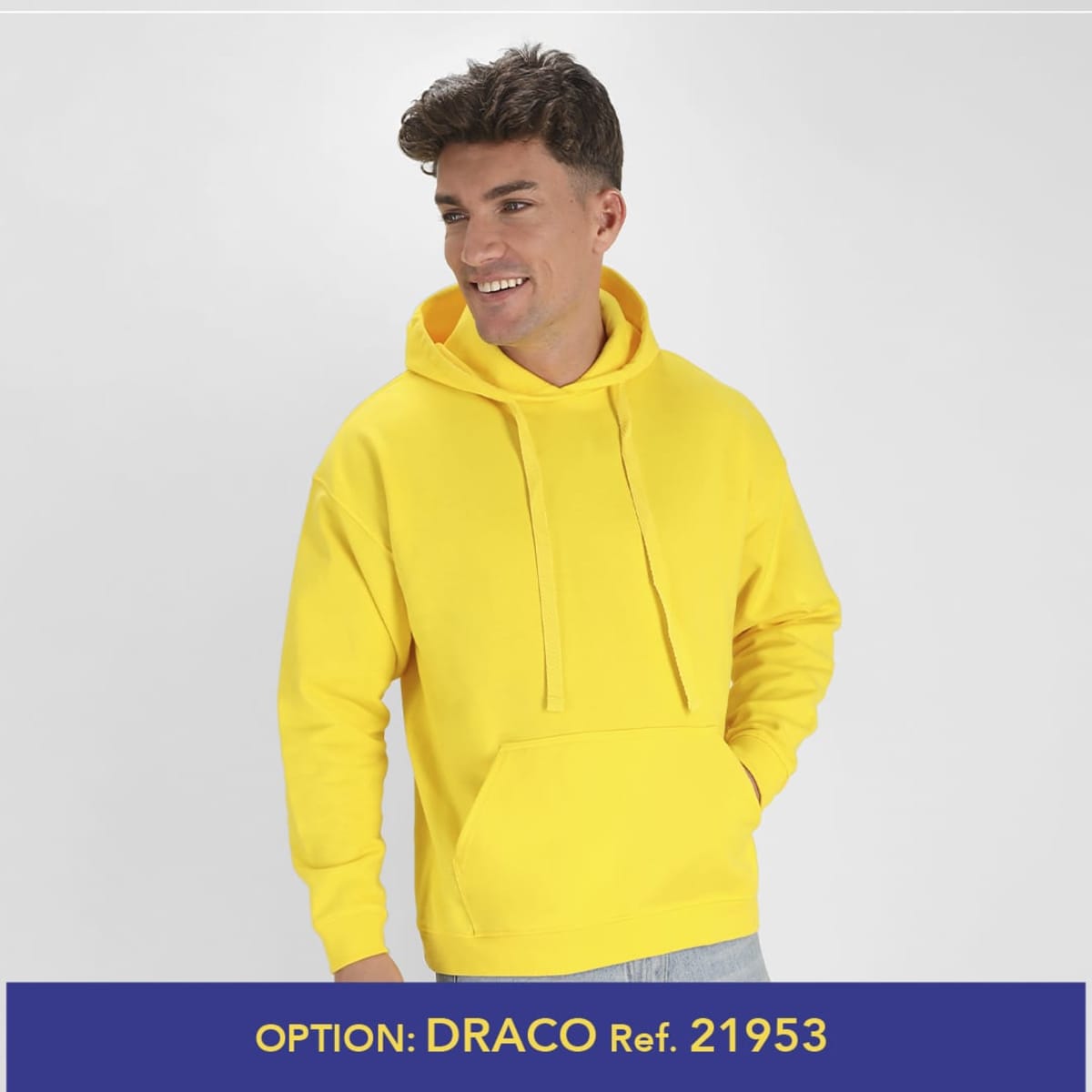 A bright yellow hoodie with a front pocket and drawstring hood, featuring a logo on the chest area.
