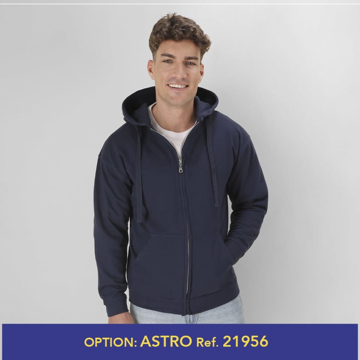 A navy hoodie with a front zip and two pockets, featuring a hood and a logo.