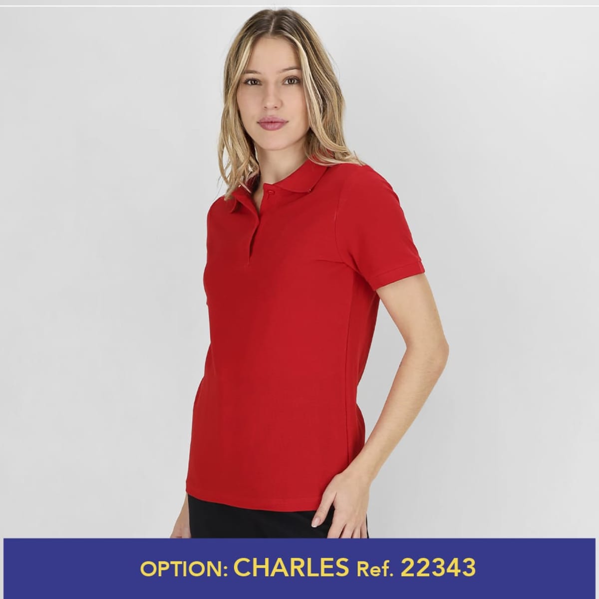 A red polo shirt with a collar, featuring a fitted design and short sleeves. The shirt has a logo on it.