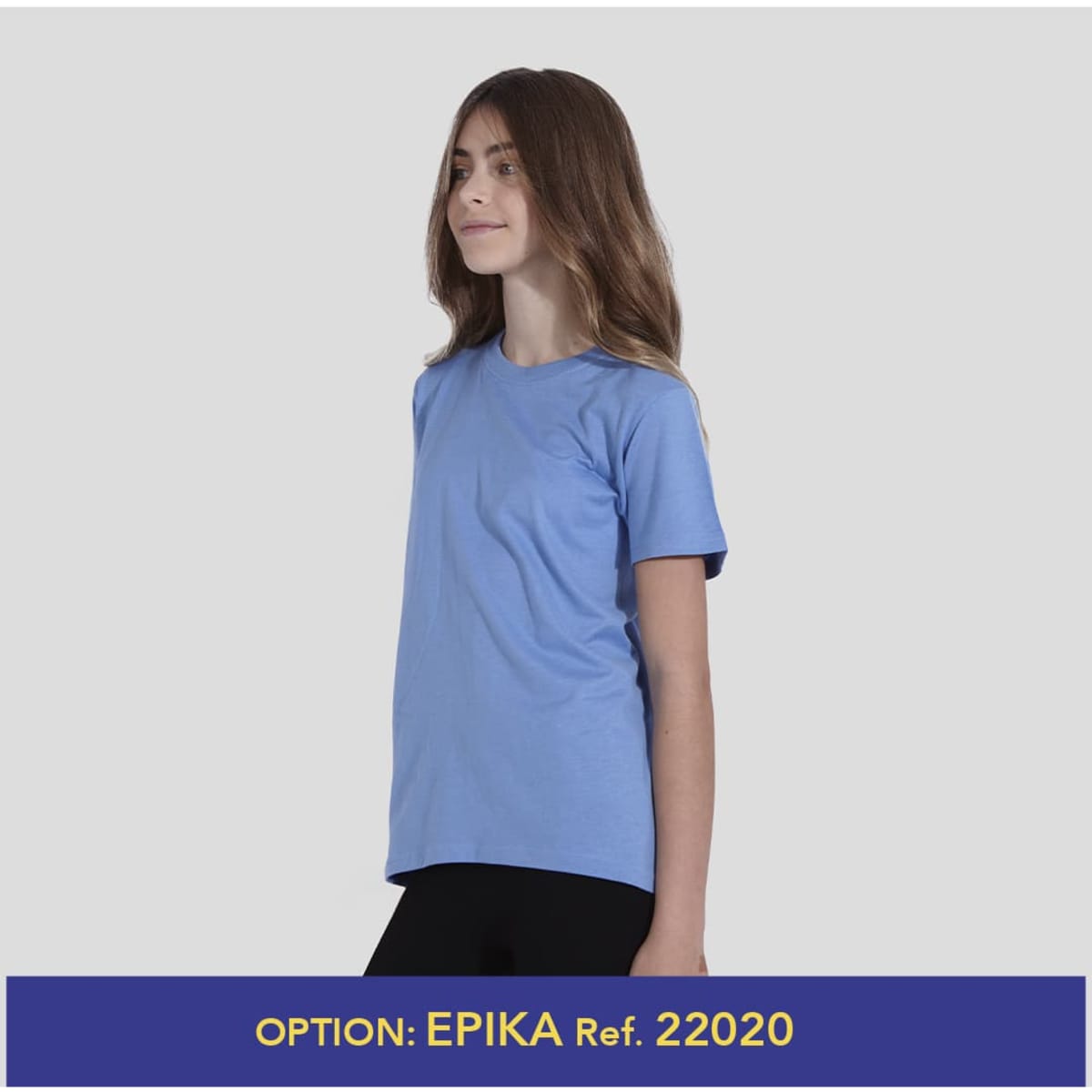 A light blue Youth T-shirt with short sleeves, featuring a simple design and a logo.