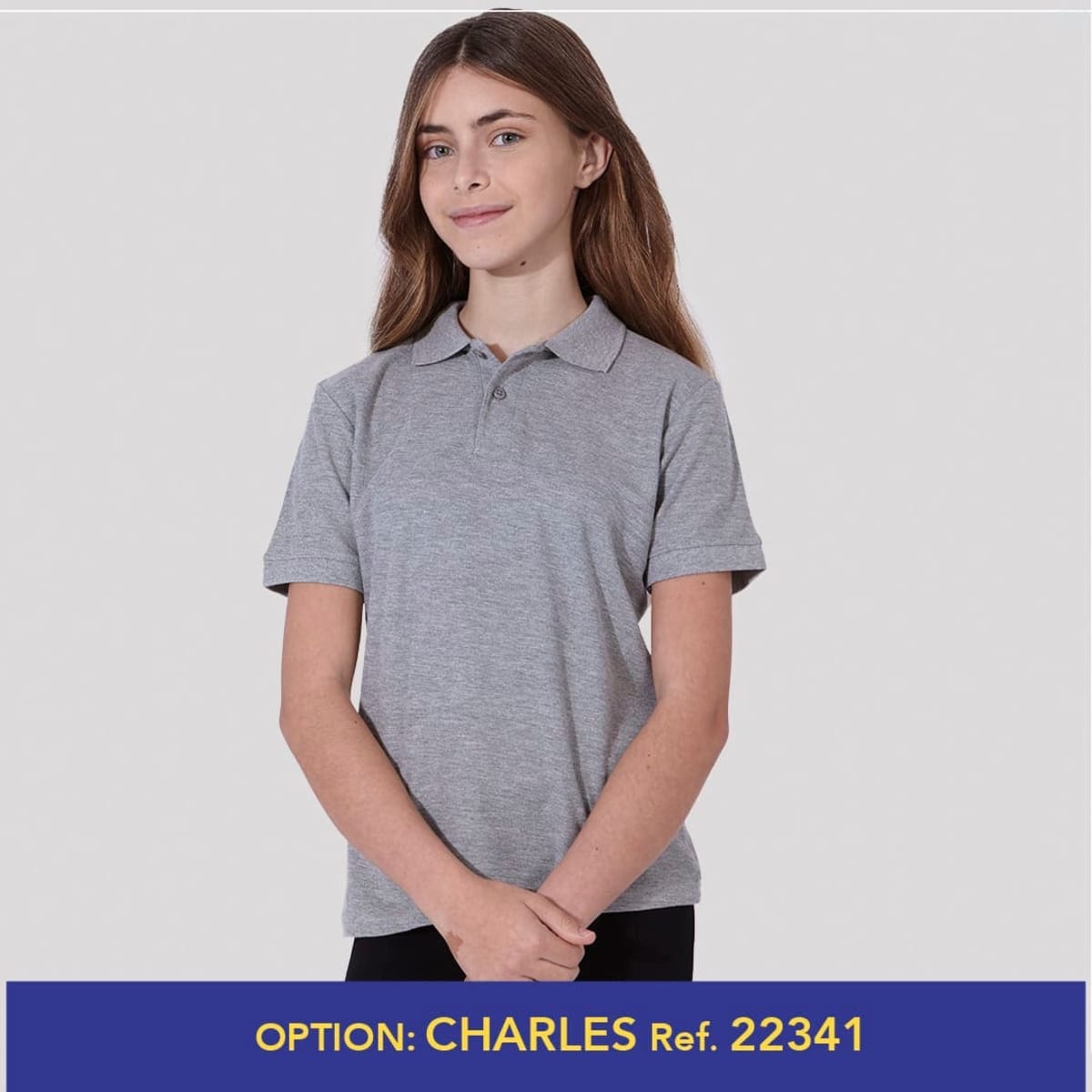 A grey polo shirt with a classic collar and short sleeves, featuring a discreet logo.