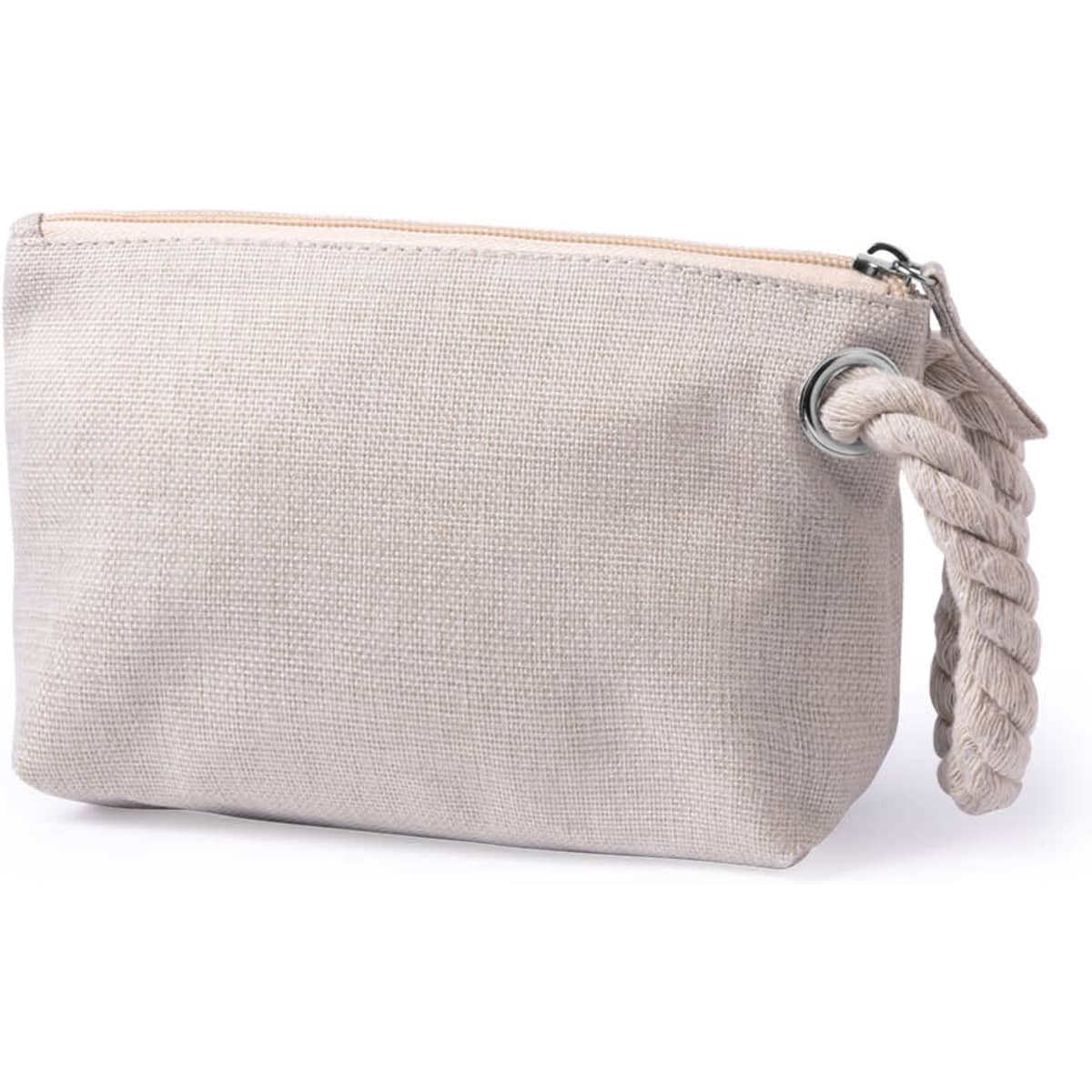 A beige toiletry bag with a textured finish and a braided handle, featuring a zipped closure and branding.