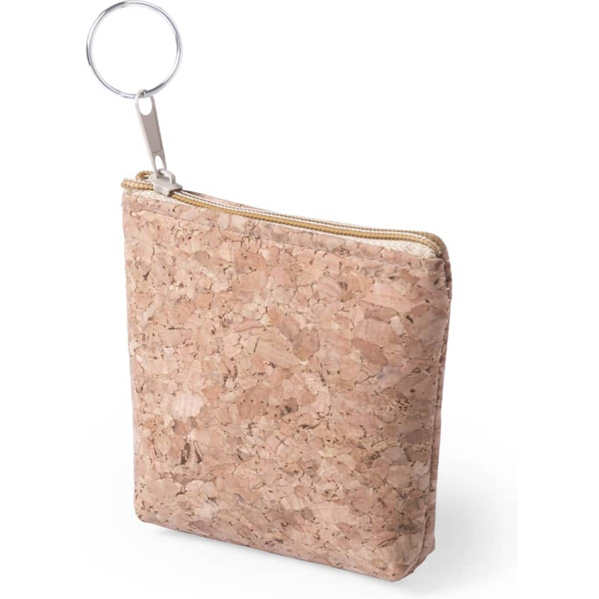 A small, rectangular cork wallet with a keyring and a zip closure in a natural cork colour.