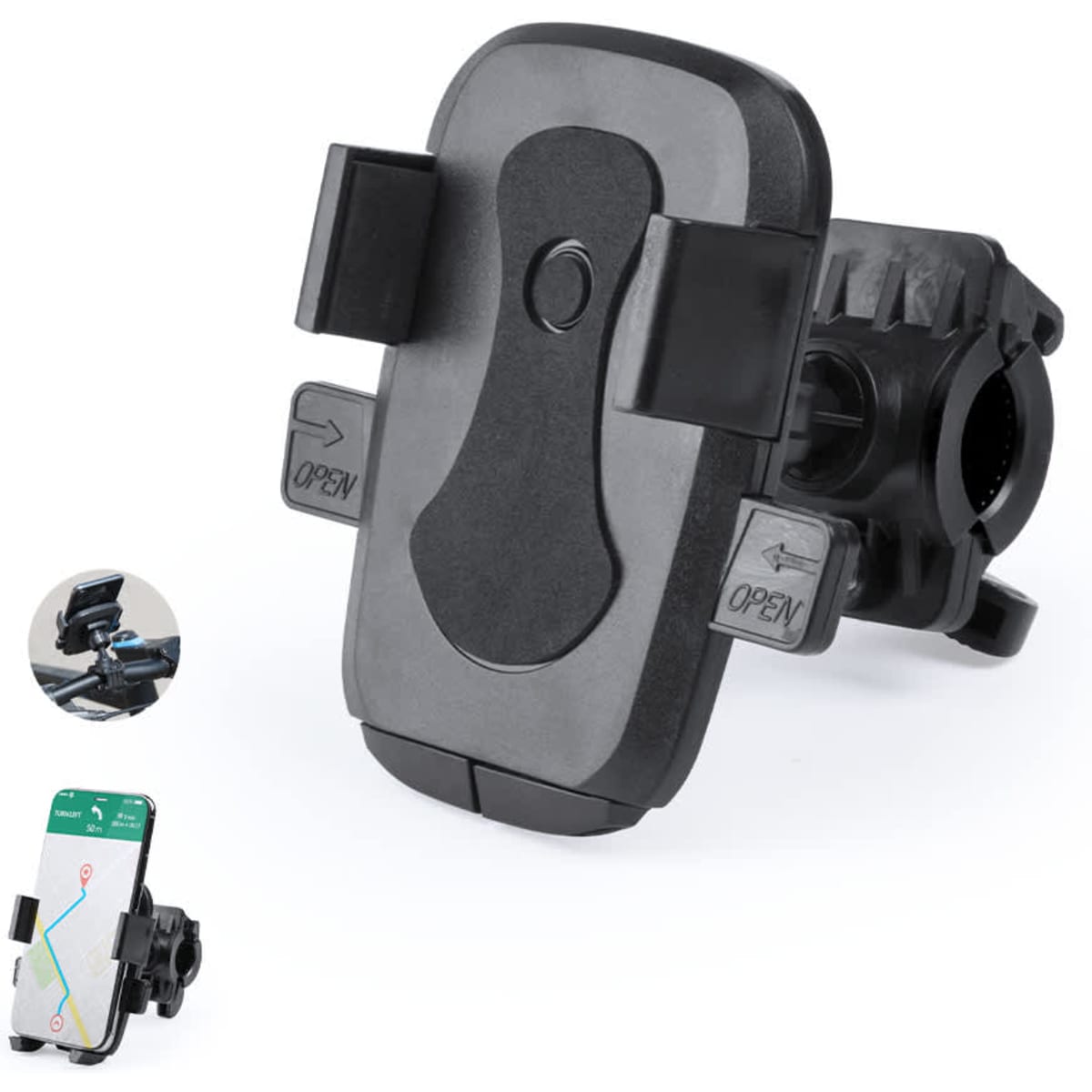 A black car phone holder with adjustable grips, designed for secure smartphone placement. Includes a mounting clip.