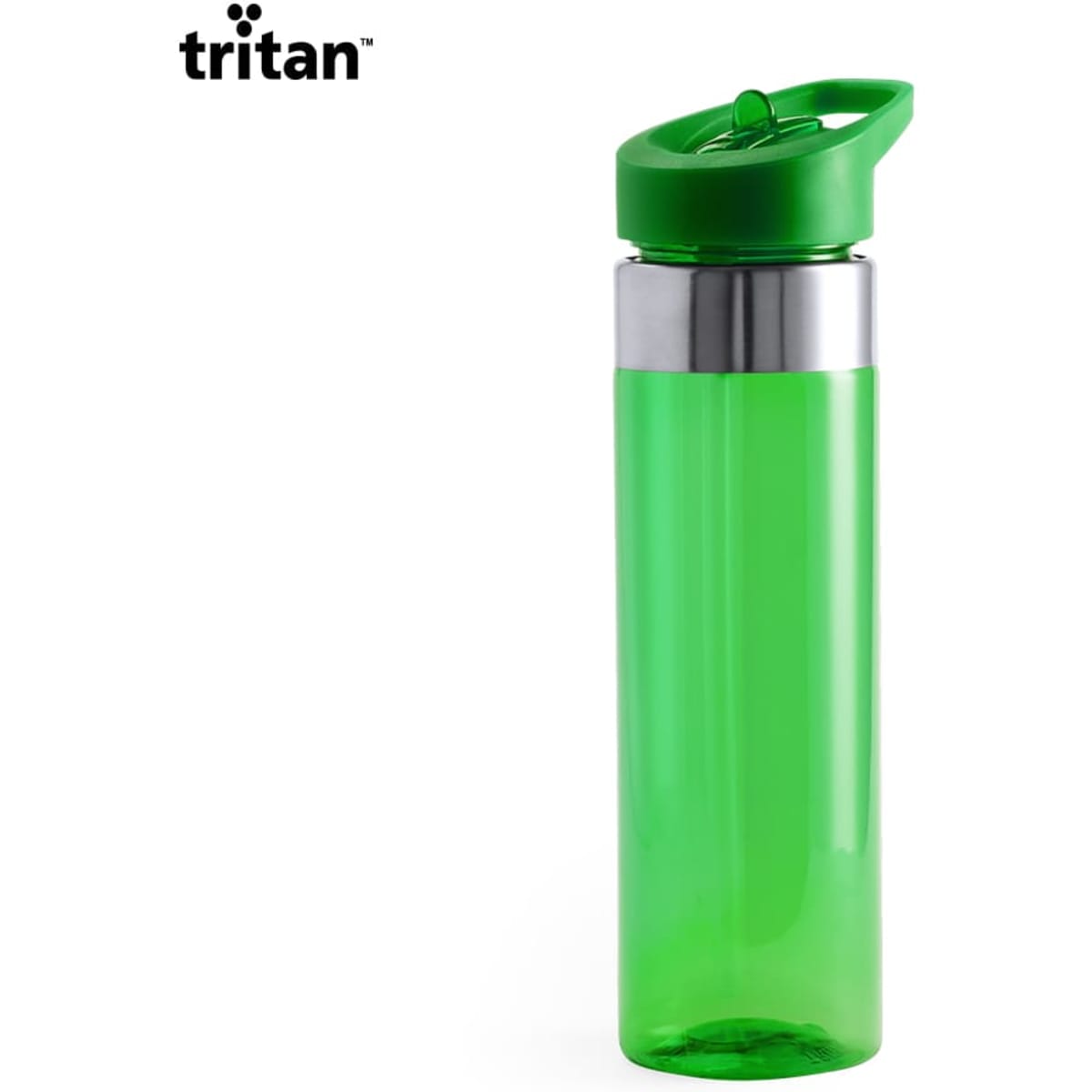 A drink bottle in bright green with a silver band and a green lid, featuring a logo.