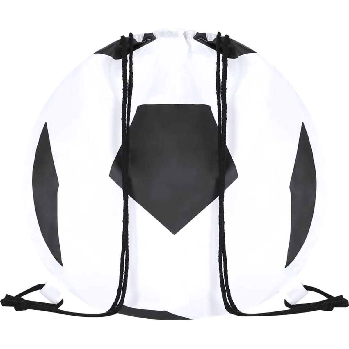A round drawstring bag in white and black, featuring a design resembling a soccer ball and includes a logo.