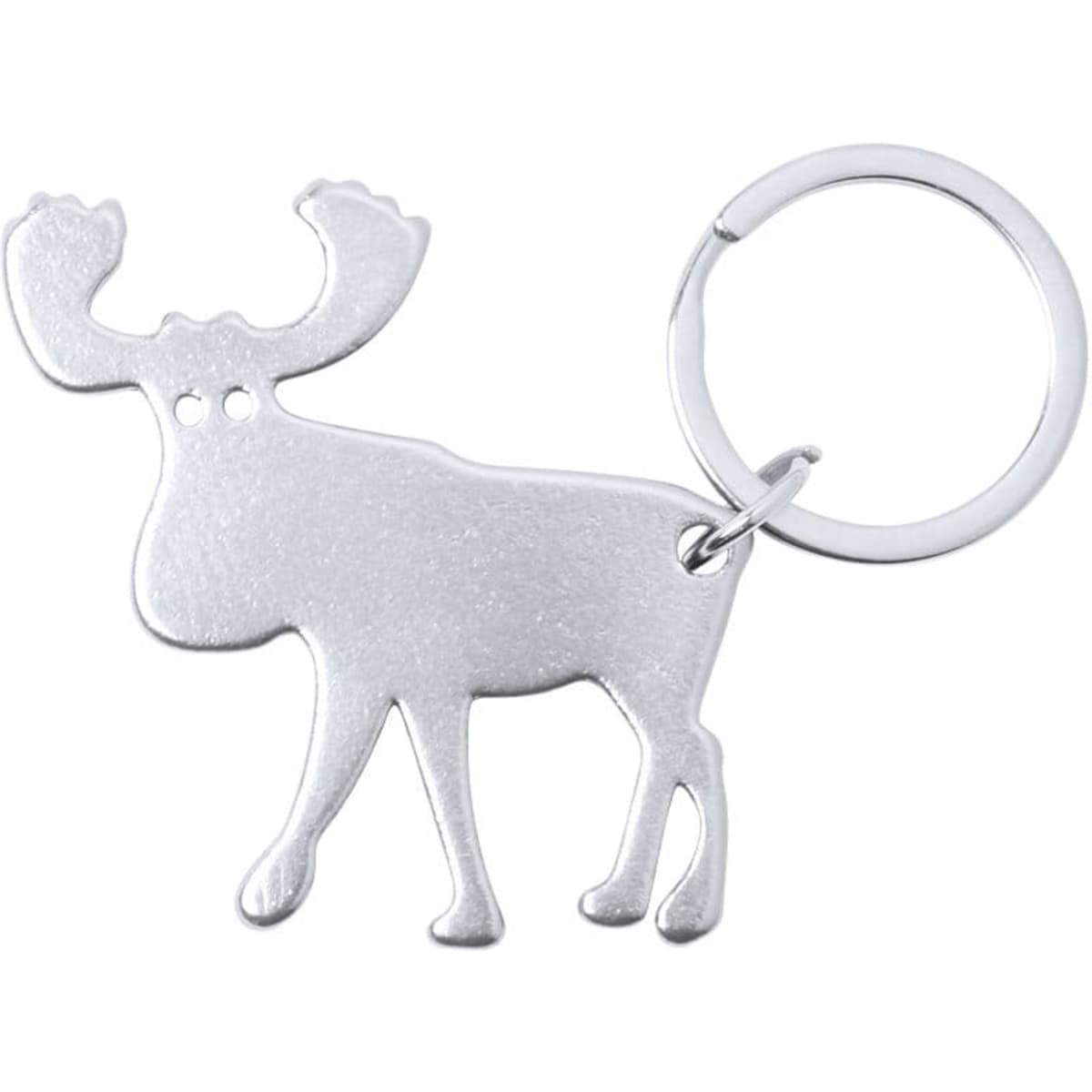 A drink bottle opener keyring shaped like a moose, with a shiny silver finish and a circular keyring attachment.