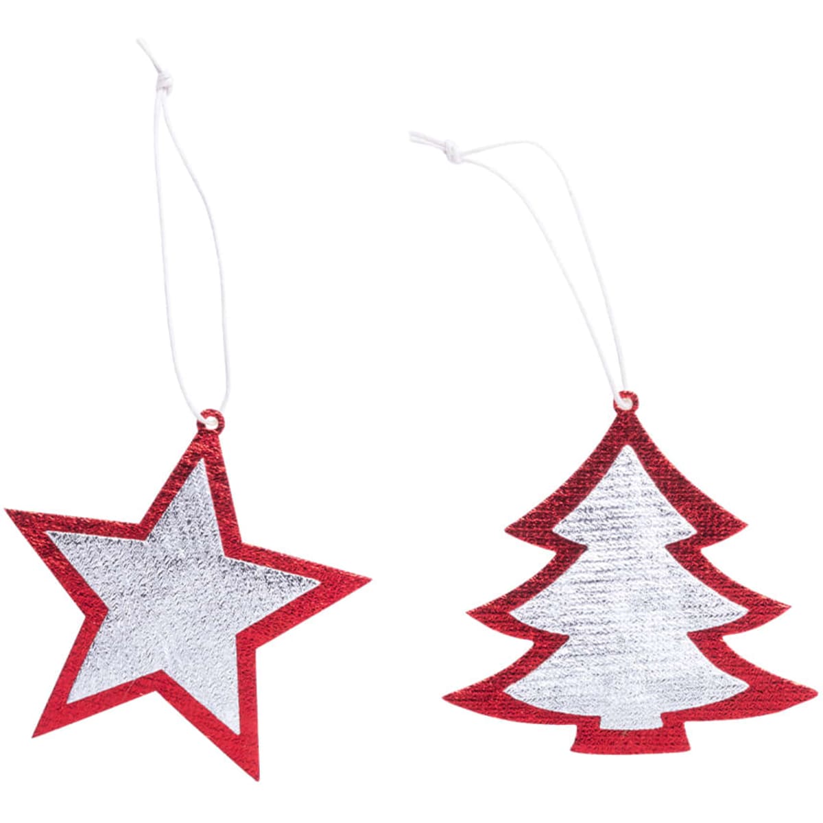 Two decorative Christmas ornaments: a star and a tree, featuring a shiny silver surface with red outlines and strings for hanging.